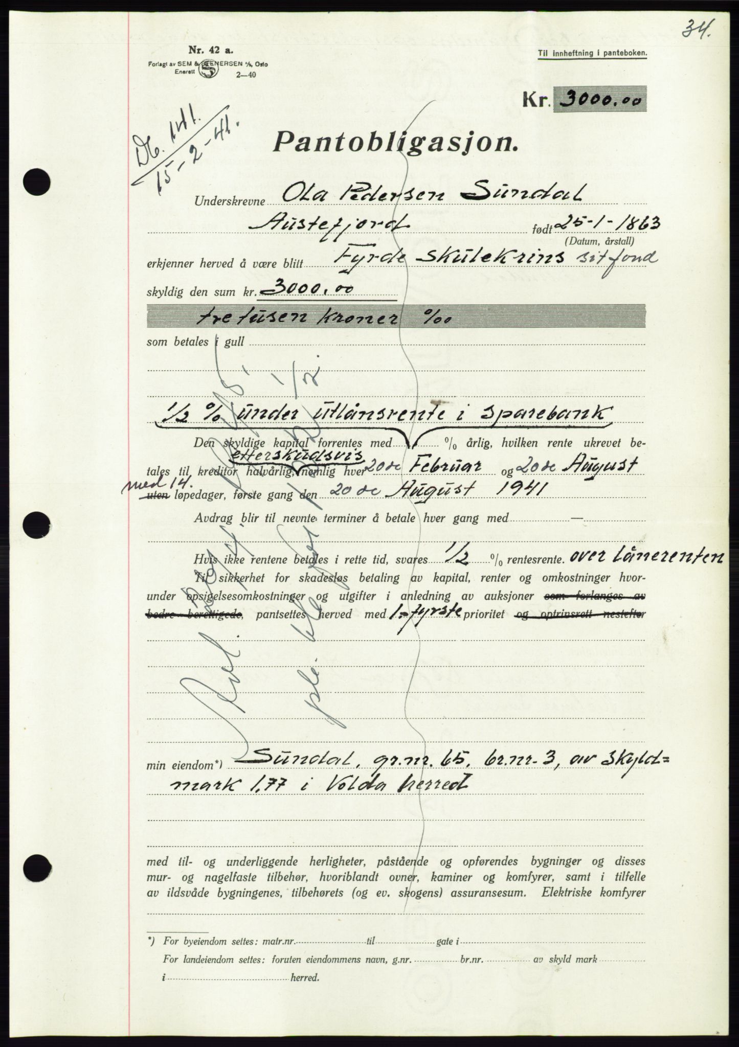 Søre Sunnmøre sorenskriveri, AV/SAT-A-4122/1/2/2C/L0071: Mortgage book no. 65, 1941-1941, Diary no: : 141/1941