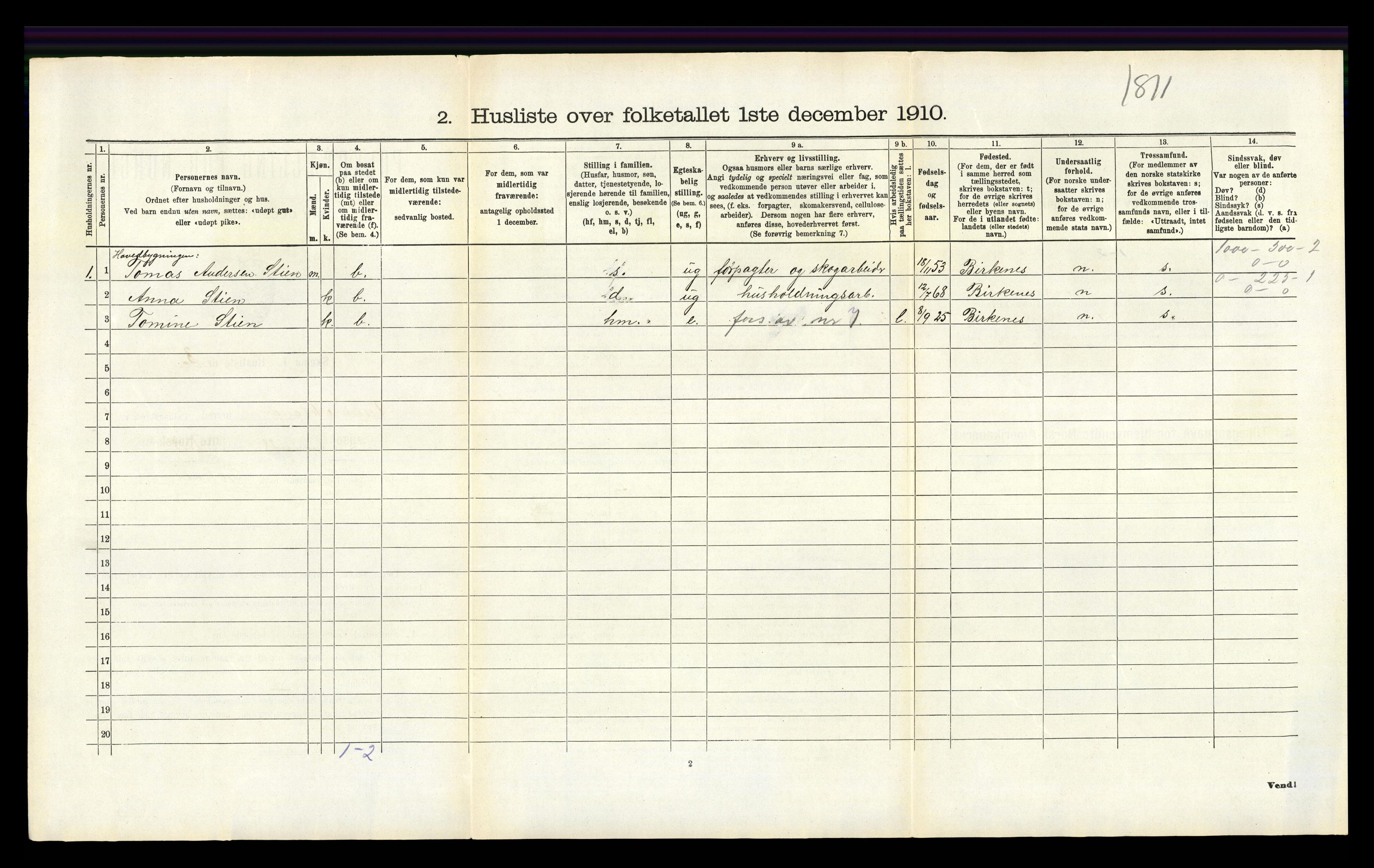 RA, 1910 census for Vestre Moland, 1910, p. 593