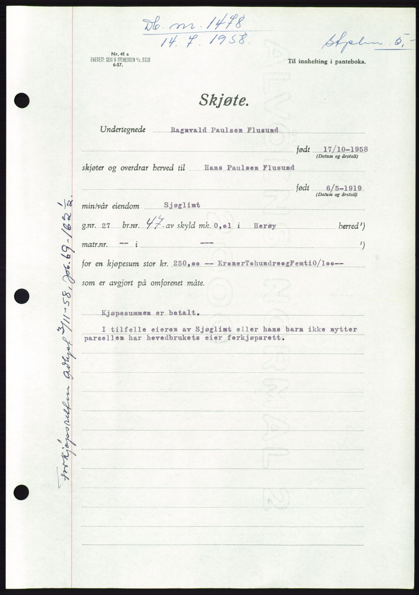 Søre Sunnmøre sorenskriveri, AV/SAT-A-4122/1/2/2C/L0110: Mortgage book no. 36A, 1958-1958, Diary no: : 1478/1958