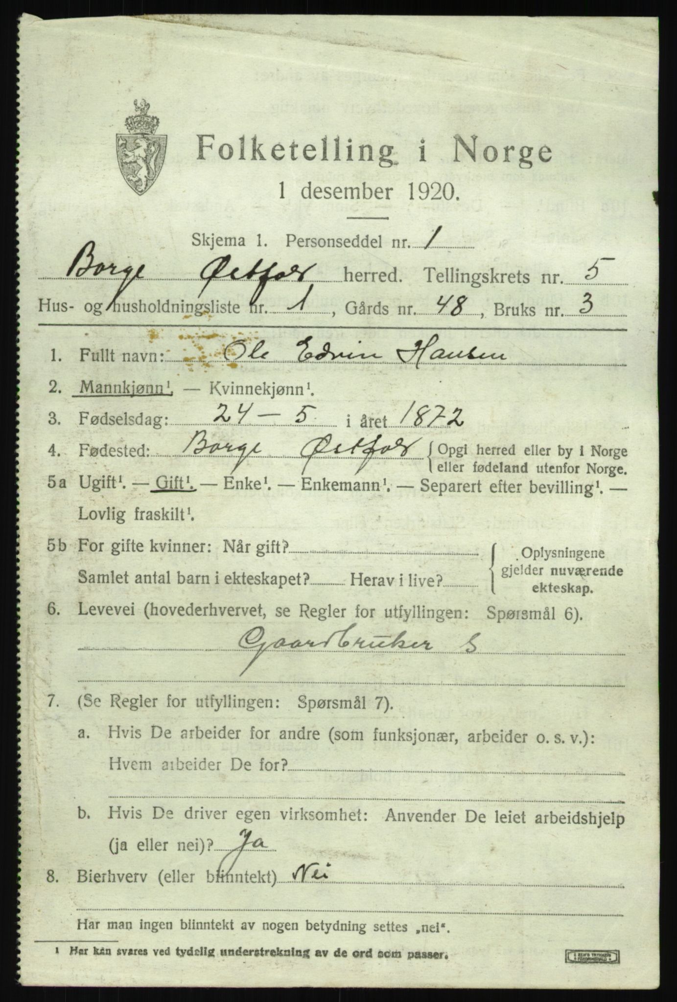 SAO, 1920 census for Borge, 1920, p. 11909