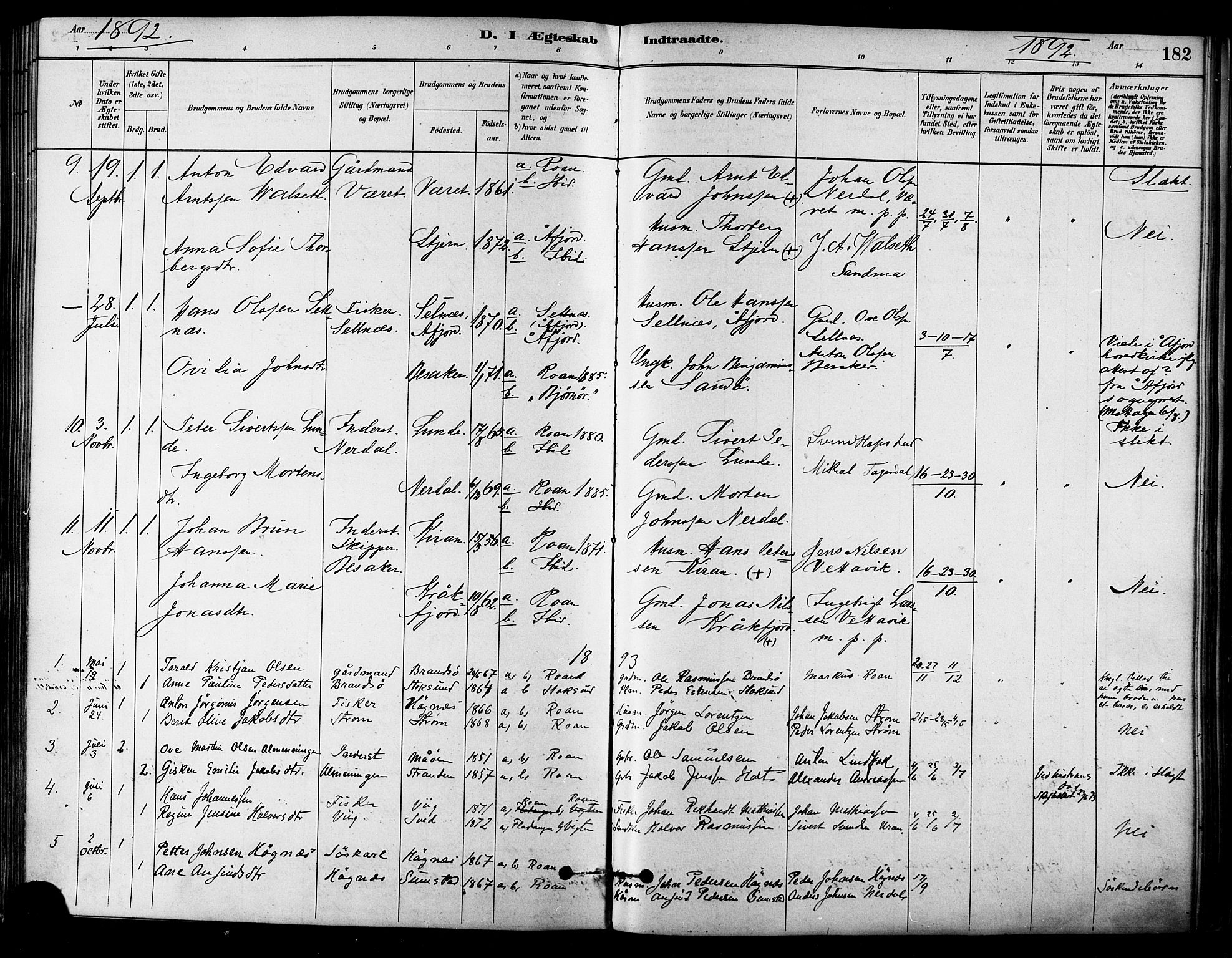 Ministerialprotokoller, klokkerbøker og fødselsregistre - Sør-Trøndelag, AV/SAT-A-1456/657/L0707: Parish register (official) no. 657A08, 1879-1893, p. 182