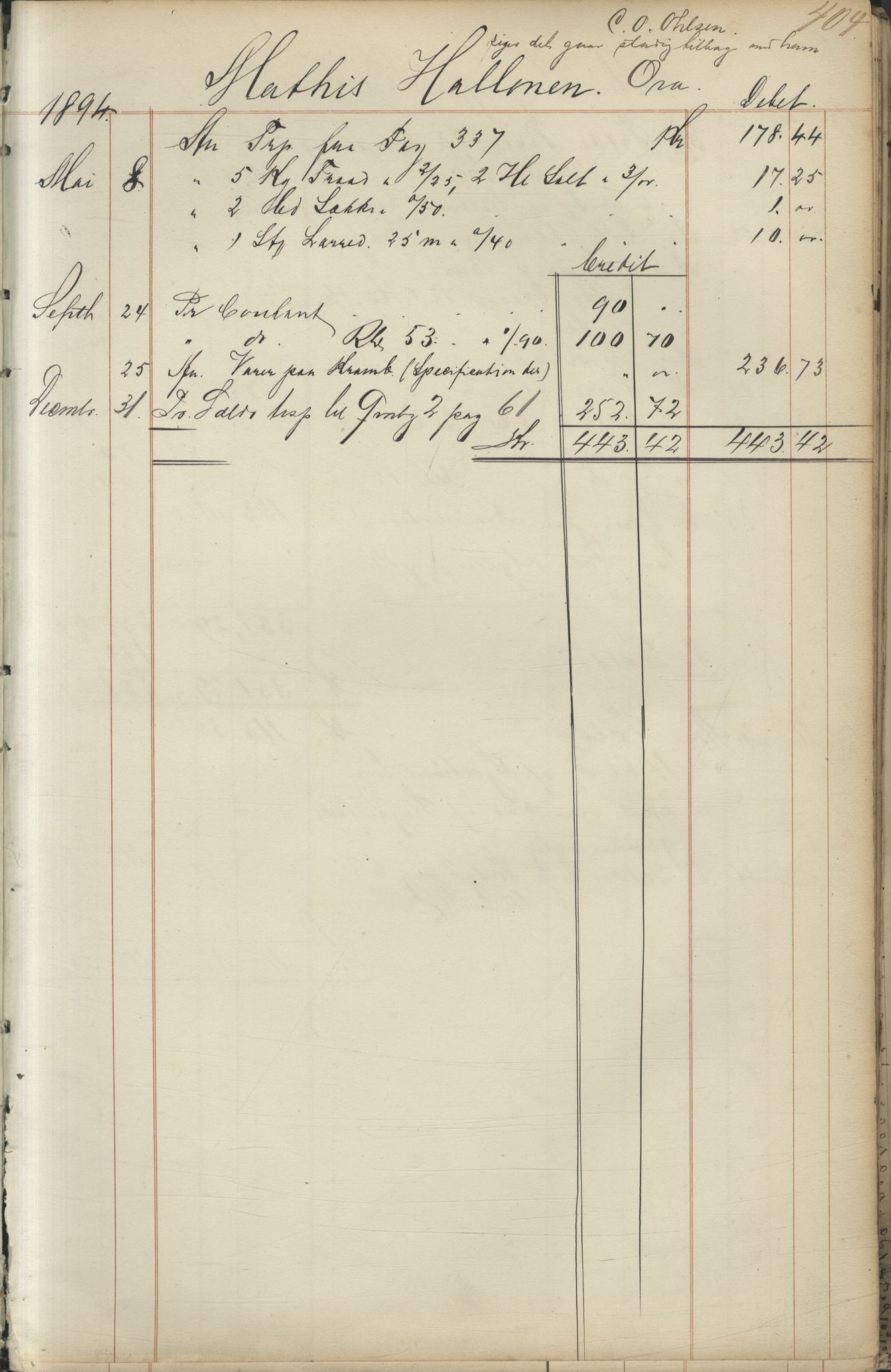 Brodtkorb handel A/S, VAMU/A-0001/F/Fc/L0001/0001: Konto for kvener og nordmenn på Kolahalvøya  / Conto for Kvæner og Nordmænd paa Russefinmarken No 1, 1868-1894, p. 404