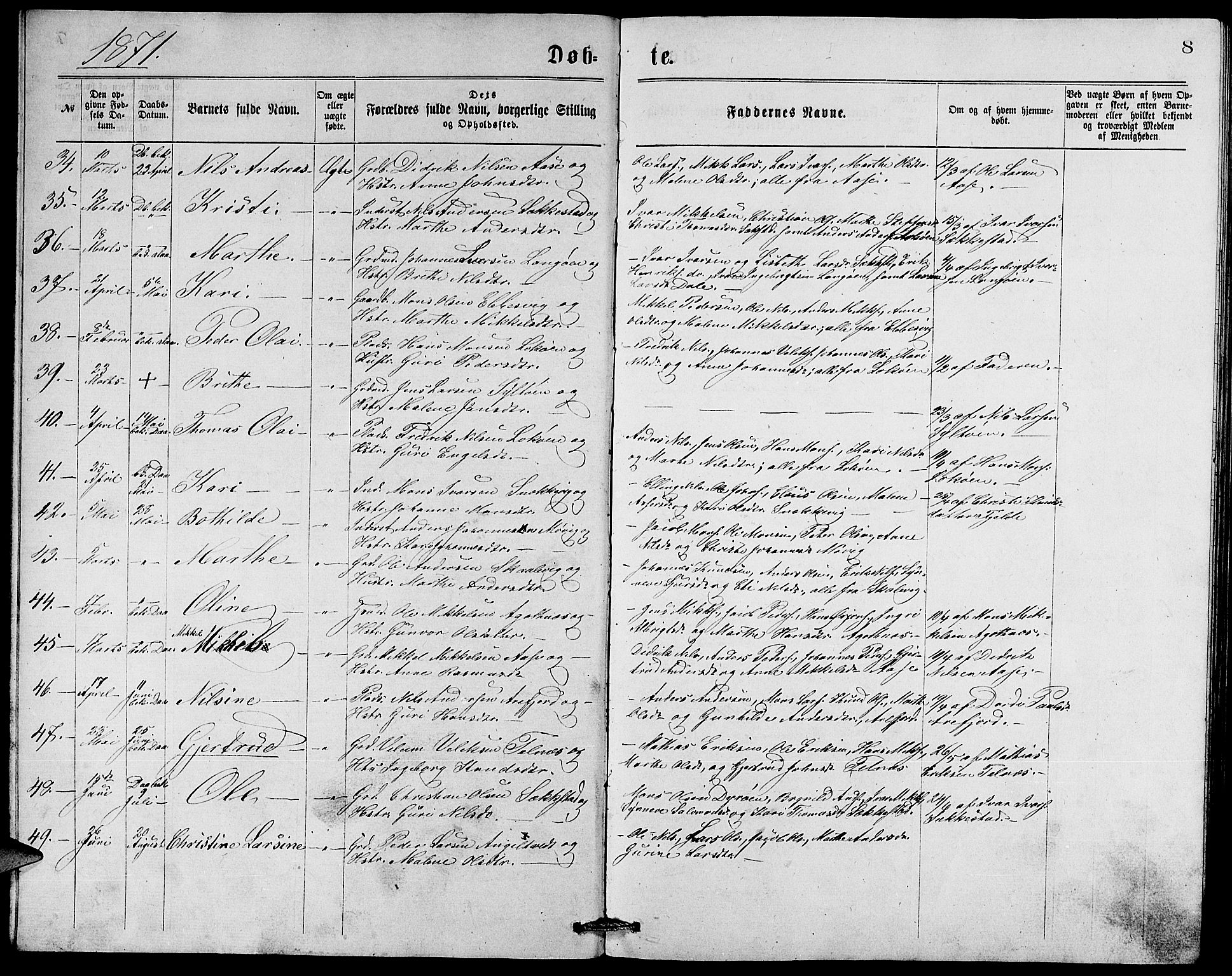 Fjell sokneprestembete, SAB/A-75301/H/Hab: Parish register (copy) no. A 2, 1871-1879, p. 8