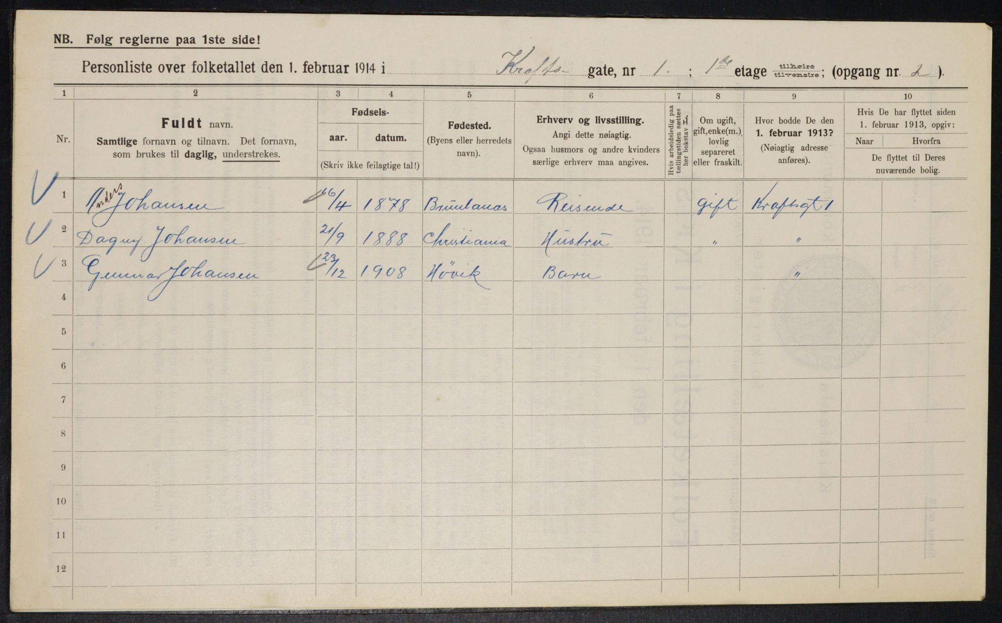 OBA, Municipal Census 1914 for Kristiania, 1914, p. 53857