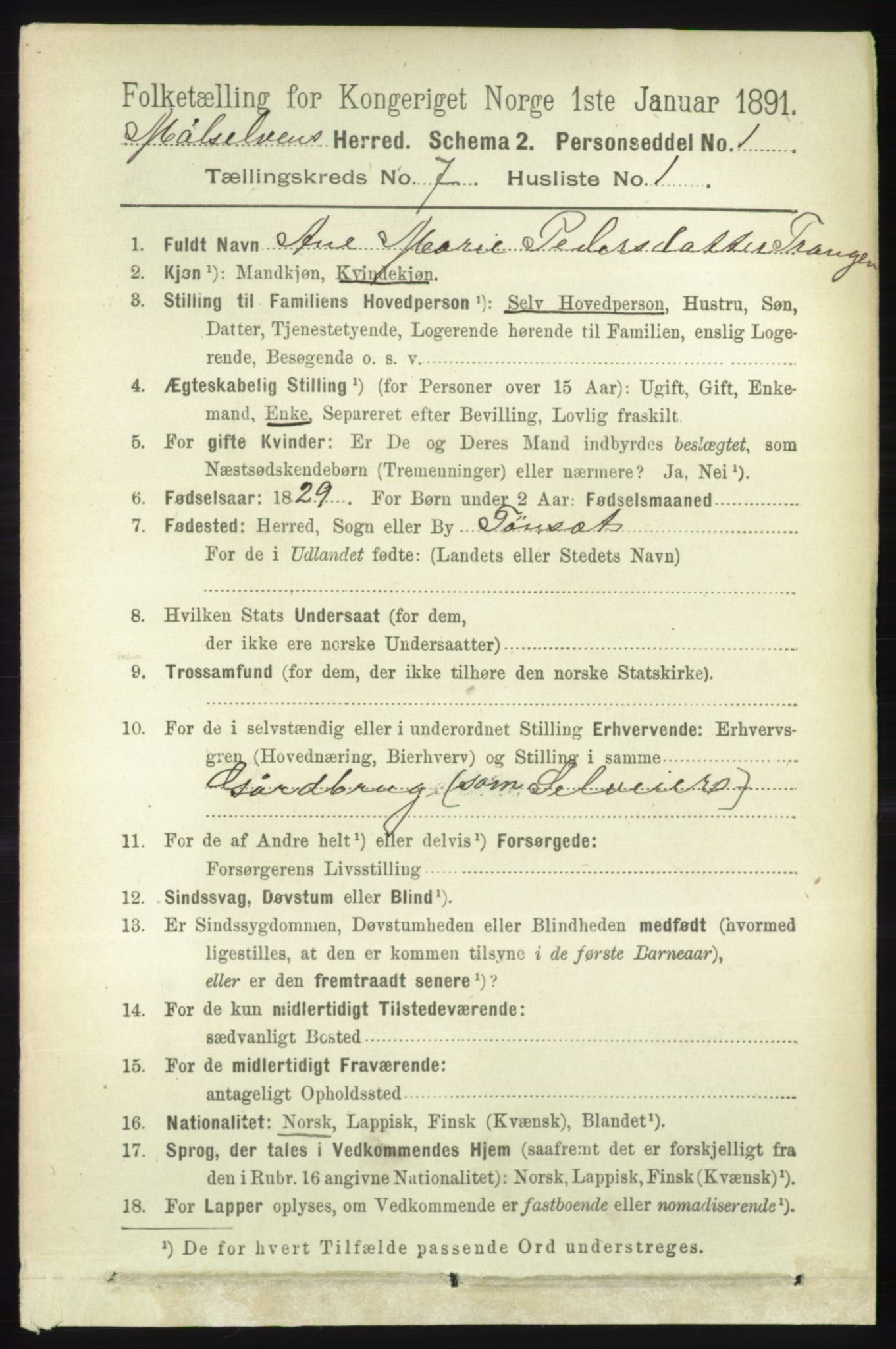 RA, 1891 census for 1924 Målselv, 1891, p. 2213