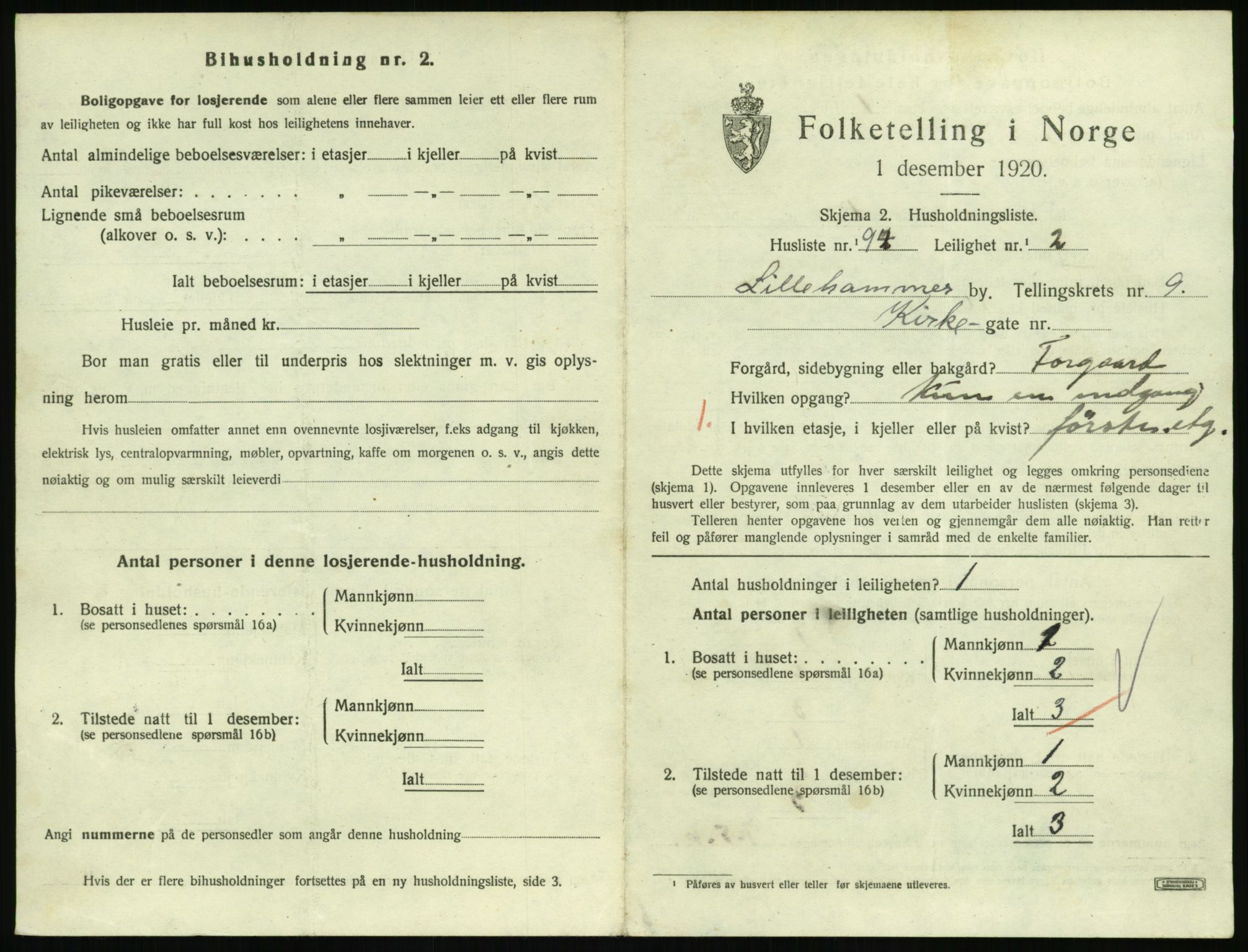 SAH, 1920 census for Lillehammer, 1920, p. 3396