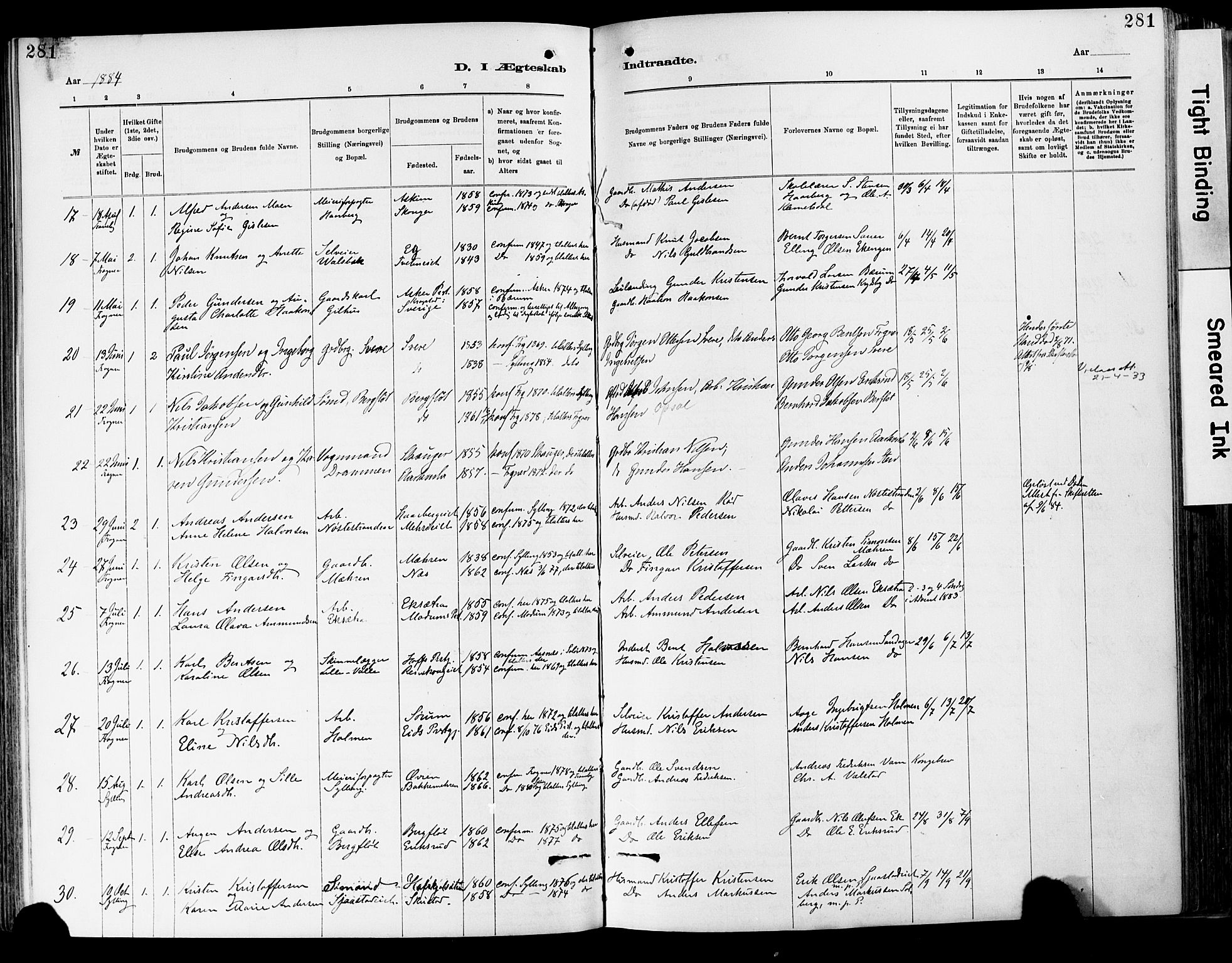 Lier kirkebøker, SAKO/A-230/F/Fa/L0015: Parish register (official) no. I 15, 1883-1894, p. 281
