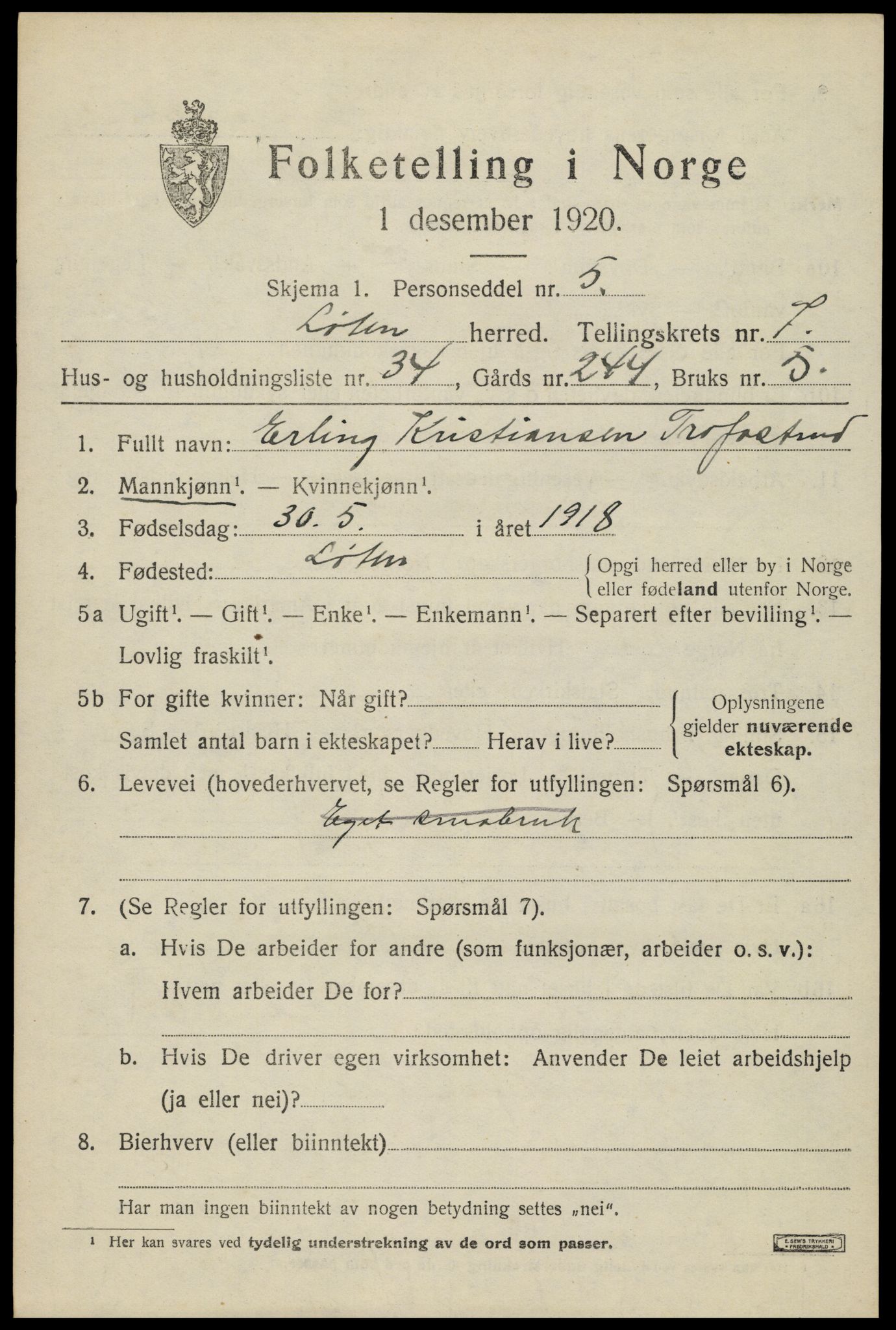 SAH, 1920 census for Løten, 1920, p. 14219