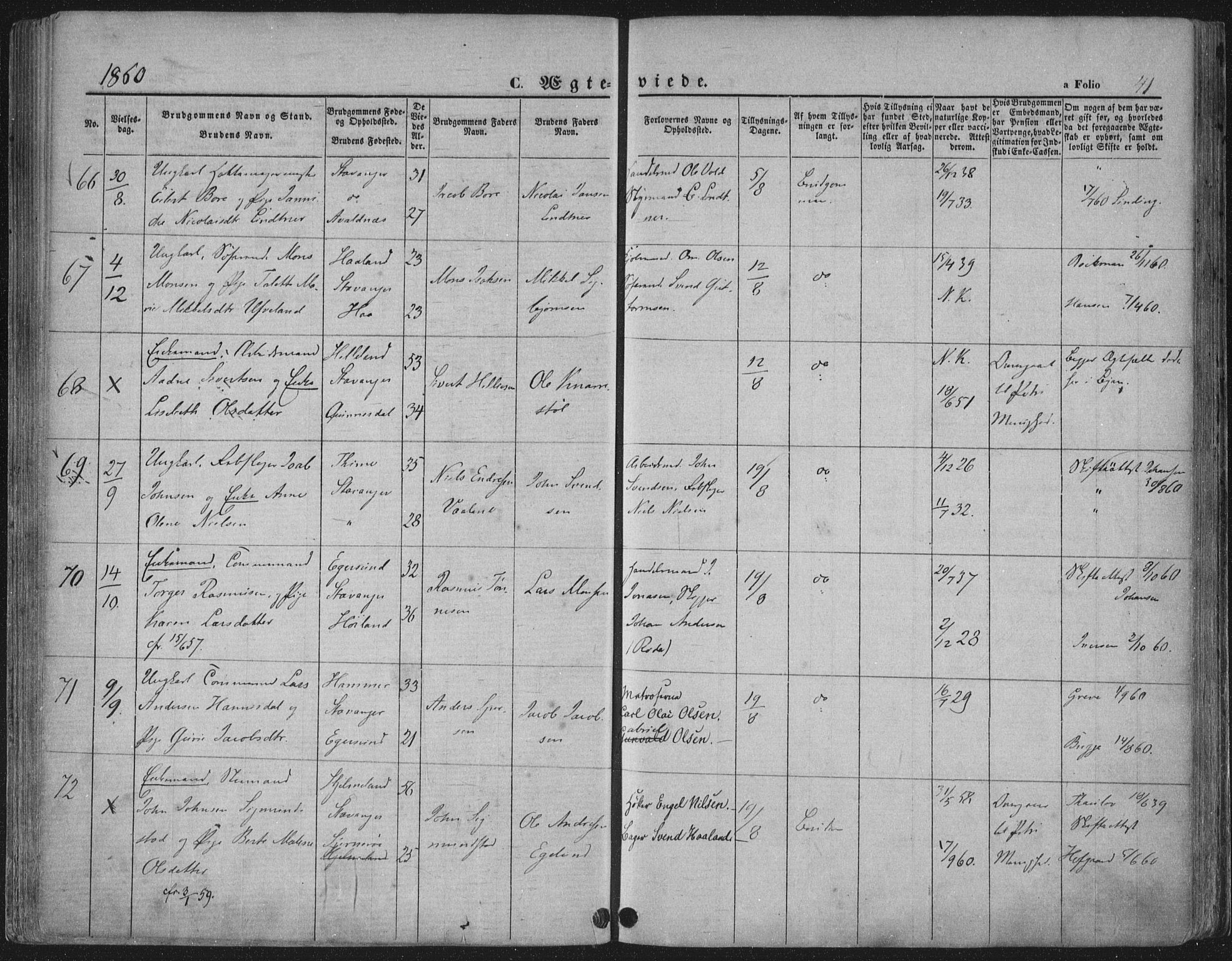 Domkirken sokneprestkontor, SAST/A-101812/001/30/30BA/L0019: Parish register (official) no. A 18, 1857-1877, p. 41