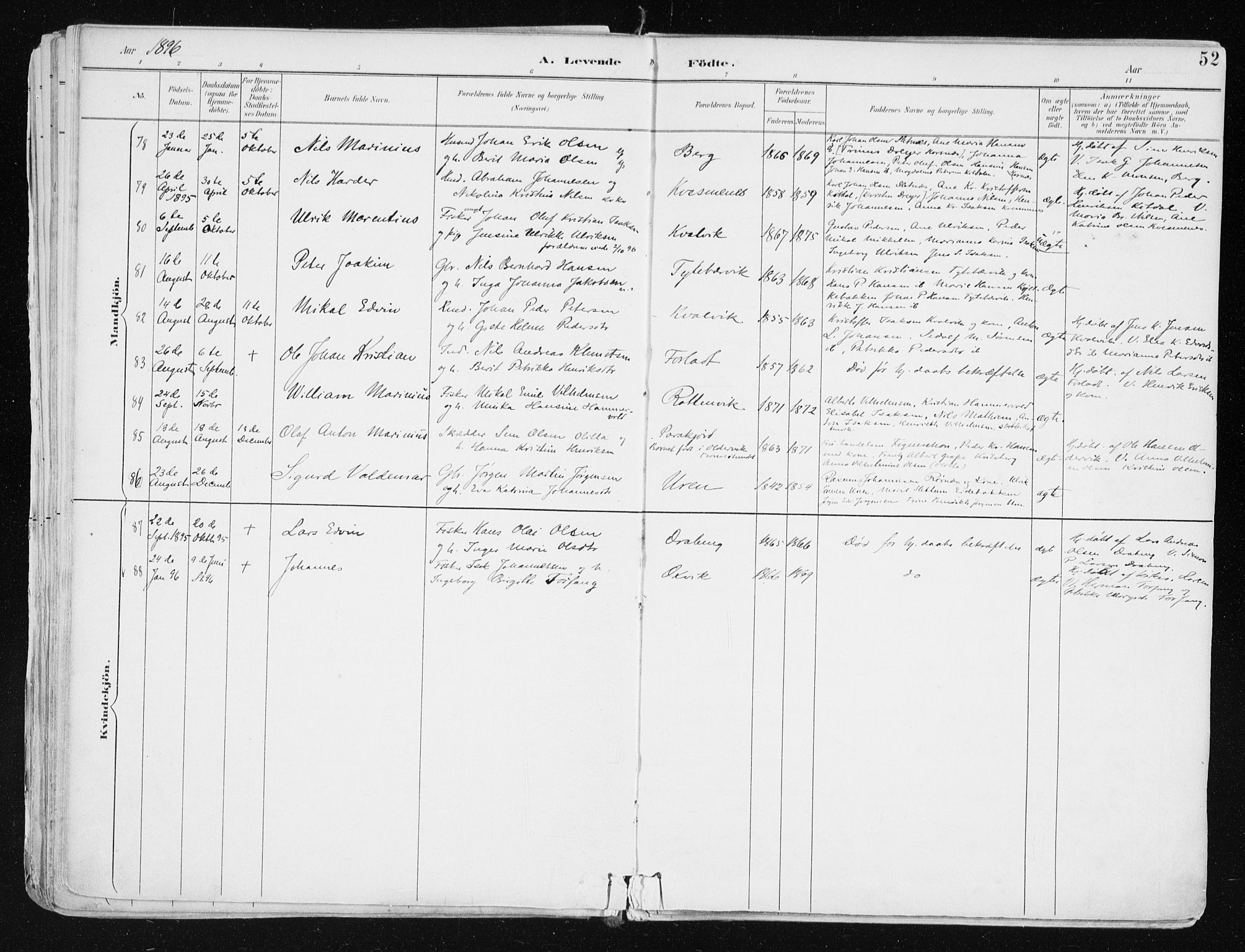 Lyngen sokneprestembete, AV/SATØ-S-1289/H/He/Hea/L0008kirke: Parish register (official) no. 8, 1891-1902, p. 52