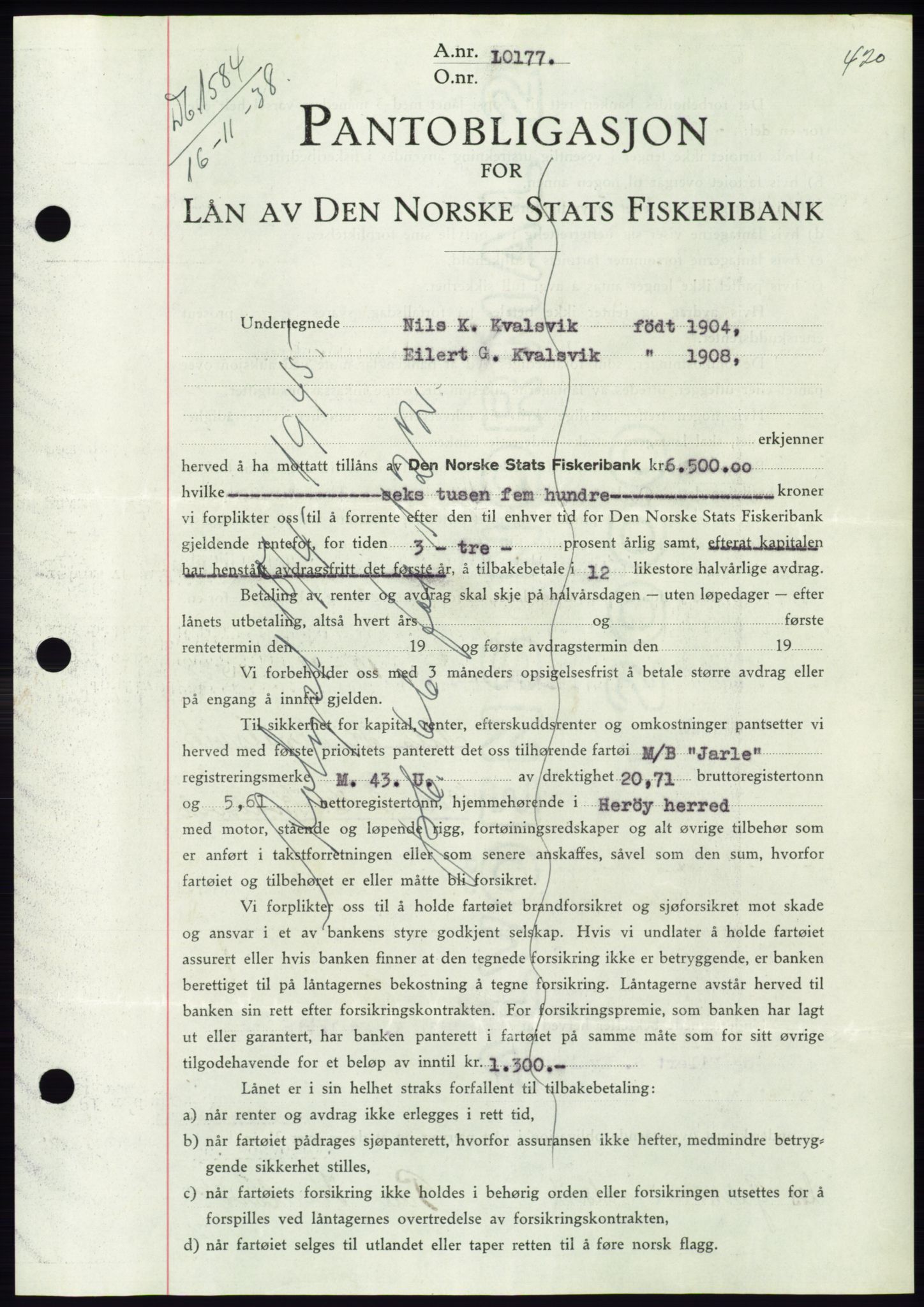 Søre Sunnmøre sorenskriveri, AV/SAT-A-4122/1/2/2C/L0066: Mortgage book no. 60, 1938-1938, Diary no: : 1584/1938