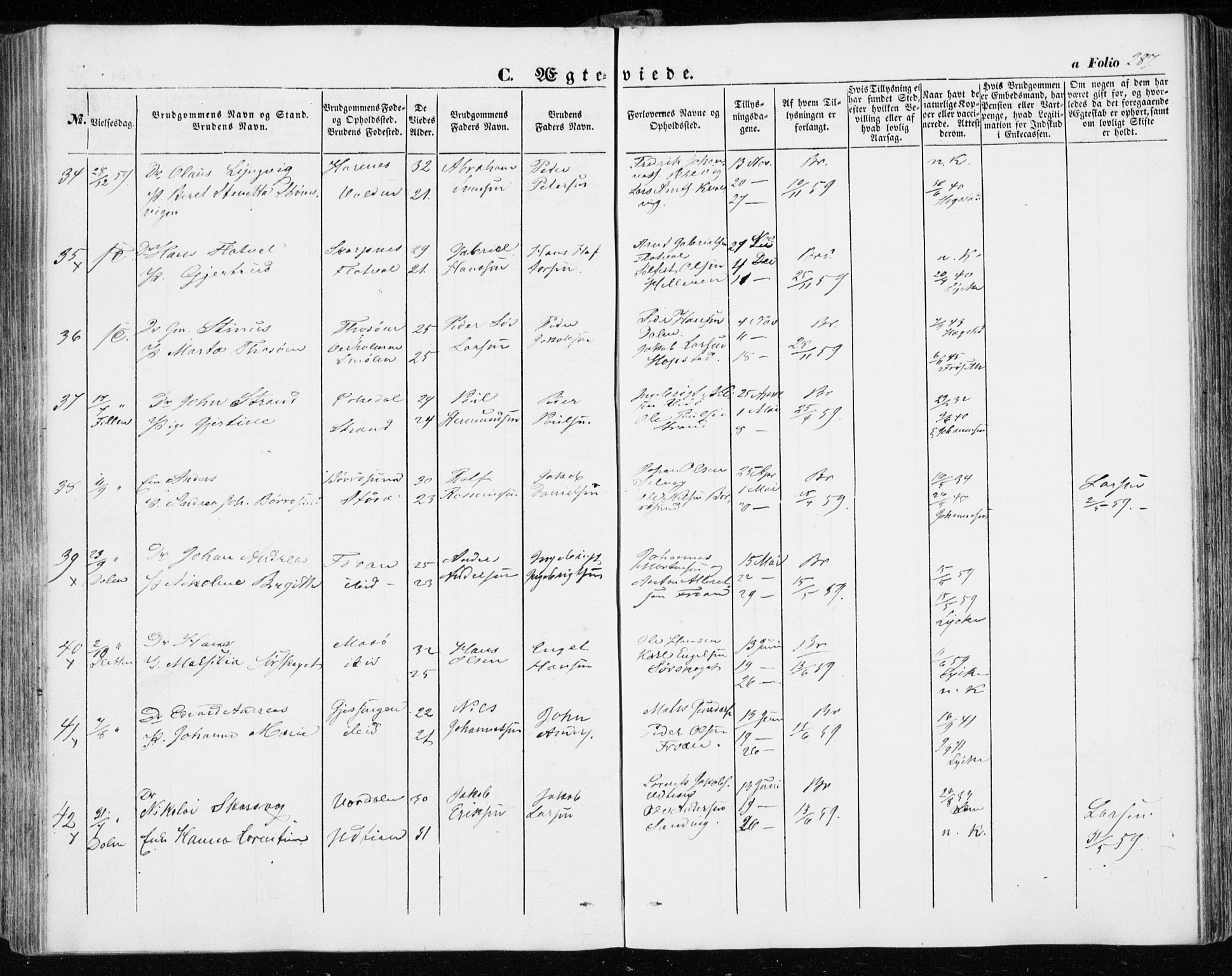 Ministerialprotokoller, klokkerbøker og fødselsregistre - Sør-Trøndelag, AV/SAT-A-1456/634/L0530: Parish register (official) no. 634A06, 1852-1860, p. 287