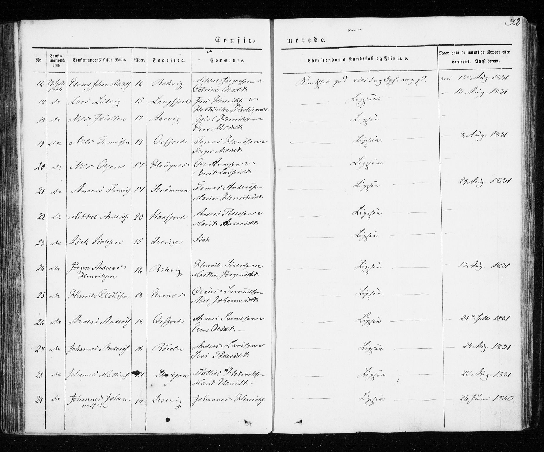 Skjervøy sokneprestkontor, SATØ/S-1300/H/Ha/Haa/L0005kirke: Parish register (official) no. 5, 1838-1847, p. 92