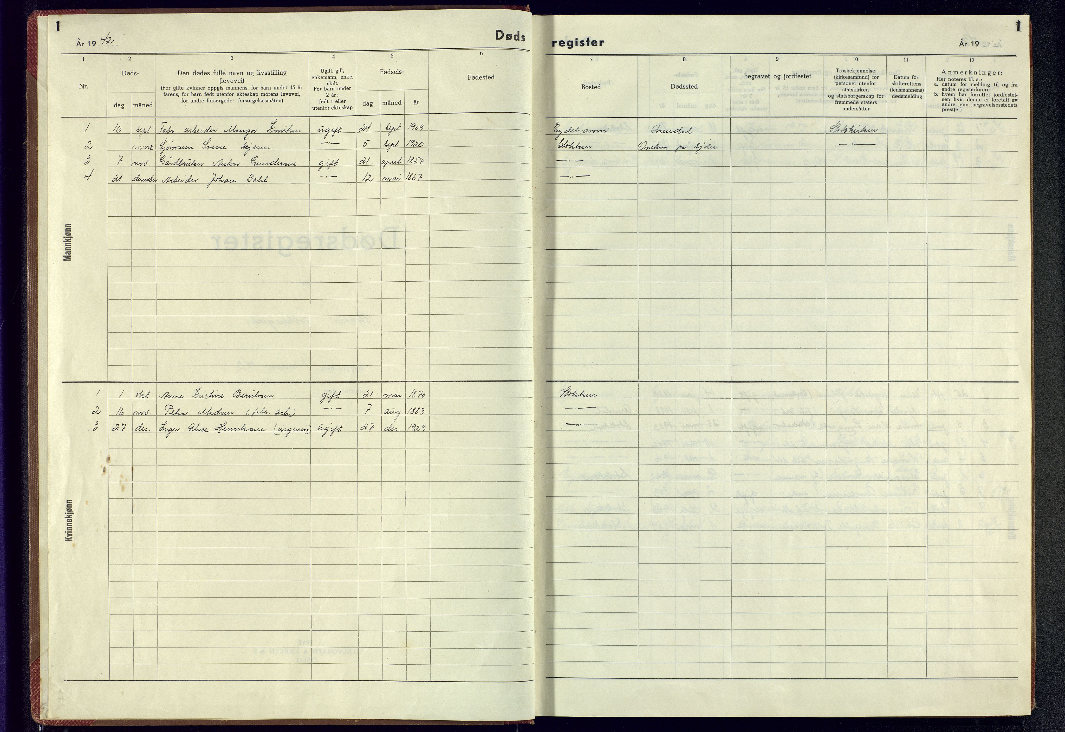 Austre Moland sokneprestkontor, SAK/1111-0001/J/Jb/L0005: A-VI-21 - Dødsfallsregister Stokken, 1942-1945, p. 1