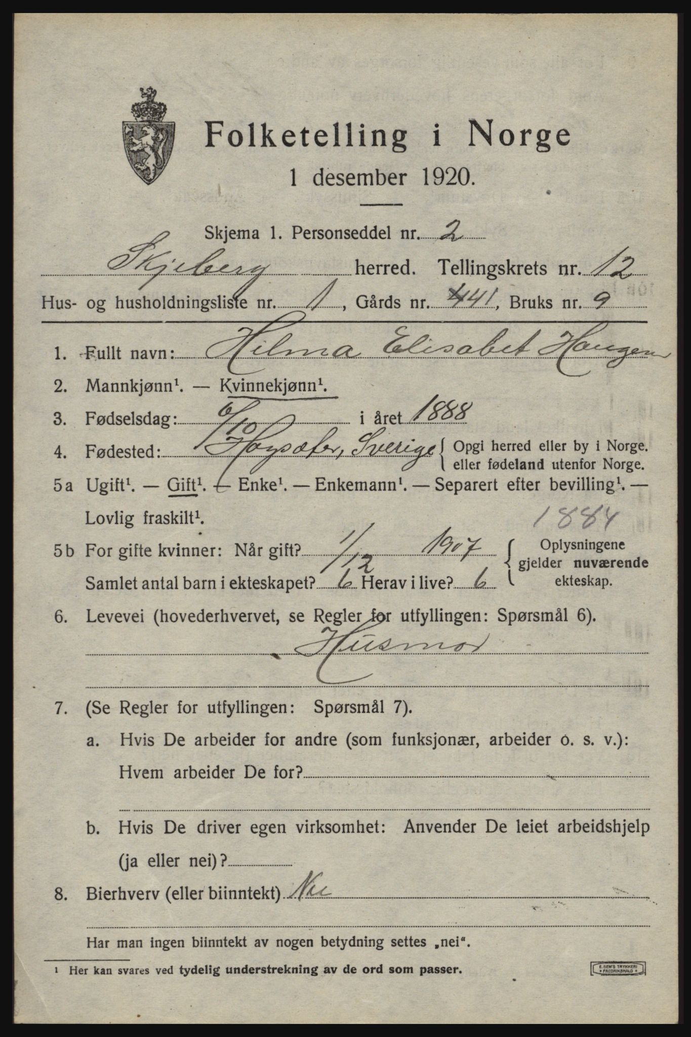 SAO, 1920 census for Skjeberg, 1920, p. 10195