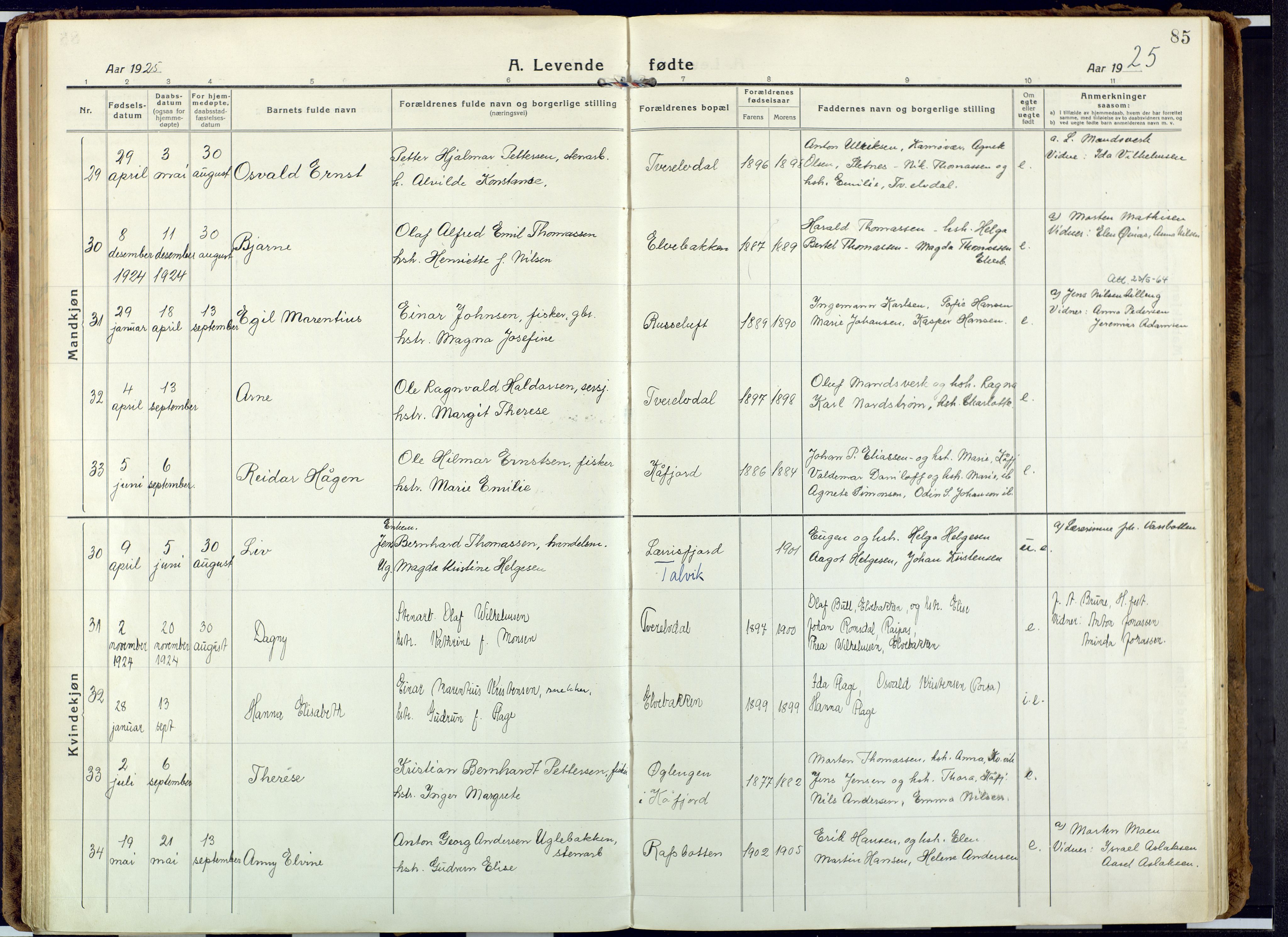 Alta sokneprestkontor, AV/SATØ-S-1338/H/Ha: Parish register (official) no. 6, 1918-1931, p. 85