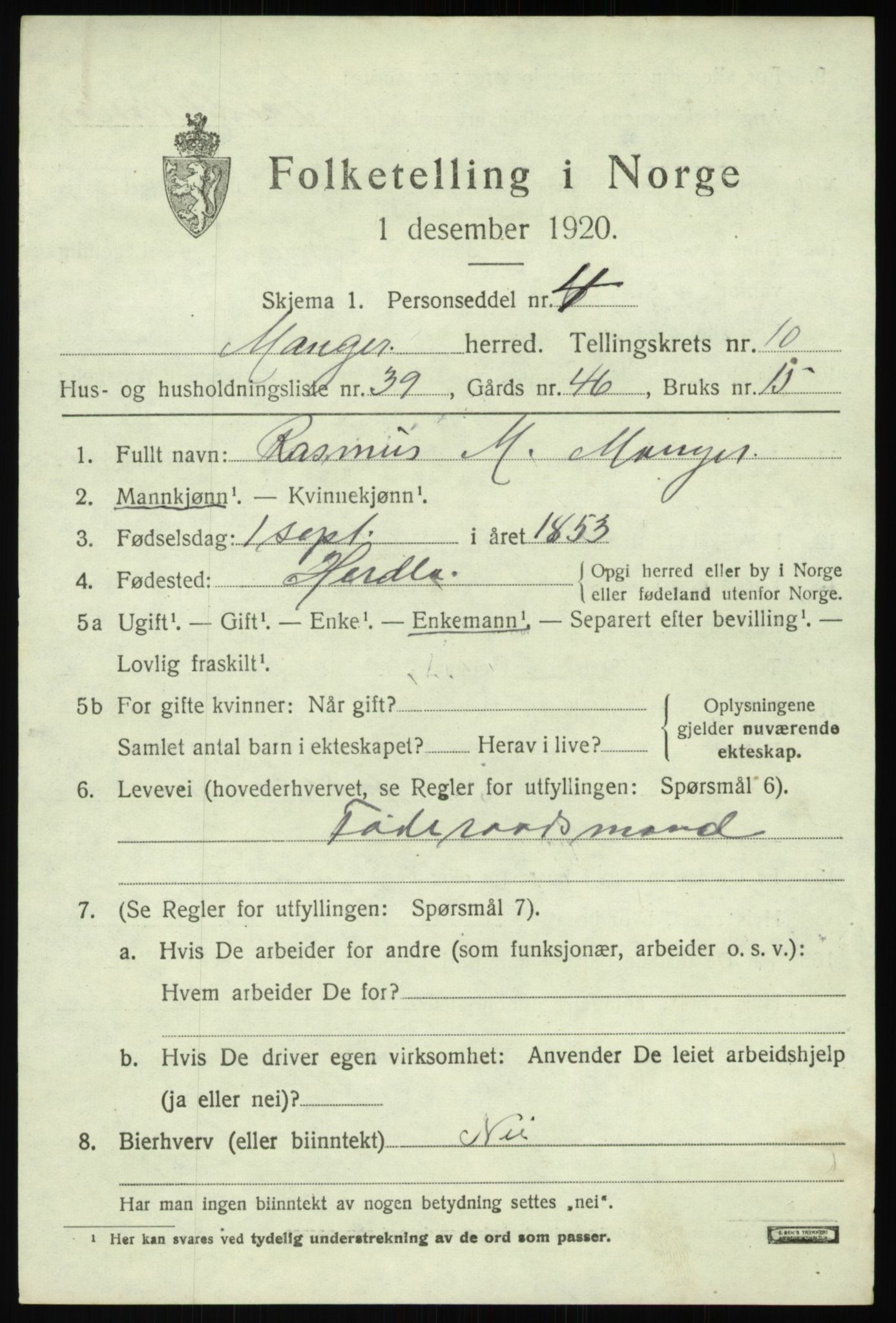 SAB, 1920 census for Manger, 1920, p. 6536