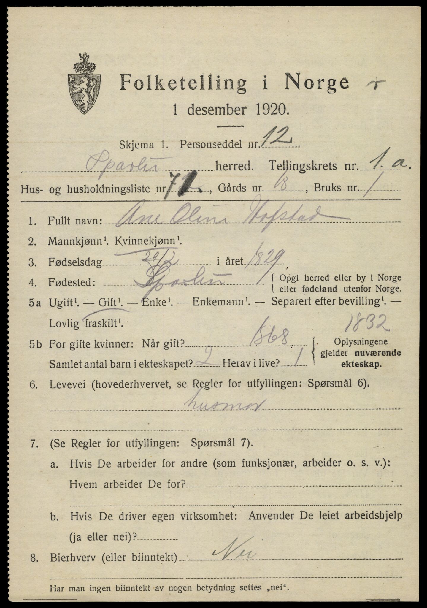 SAT, 1920 census for Sparbu, 1920, p. 1927