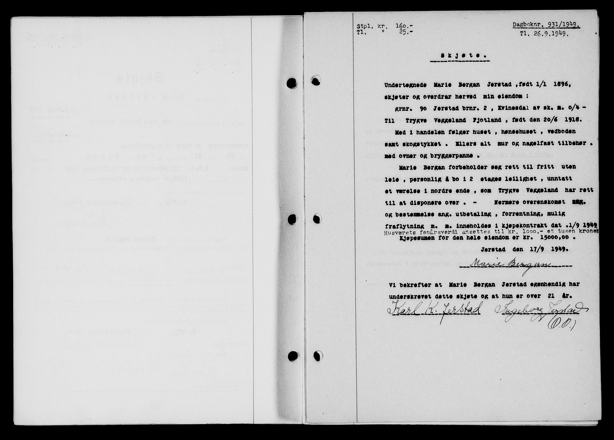 Flekkefjord sorenskriveri, SAK/1221-0001/G/Gb/Gba/L0065: Mortgage book no. A-13, 1949-1949, Diary no: : 931/1949