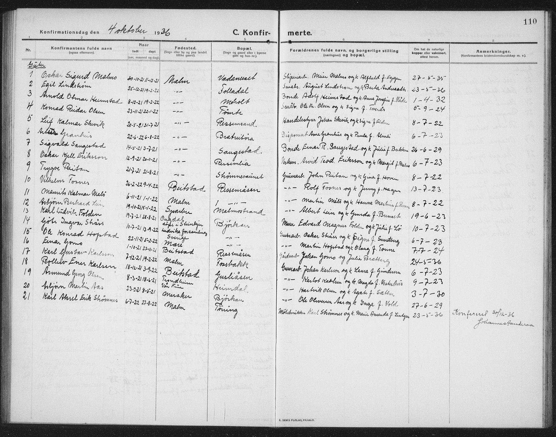 Ministerialprotokoller, klokkerbøker og fødselsregistre - Nord-Trøndelag, SAT/A-1458/745/L0434: Parish register (copy) no. 745C03, 1914-1937, p. 110