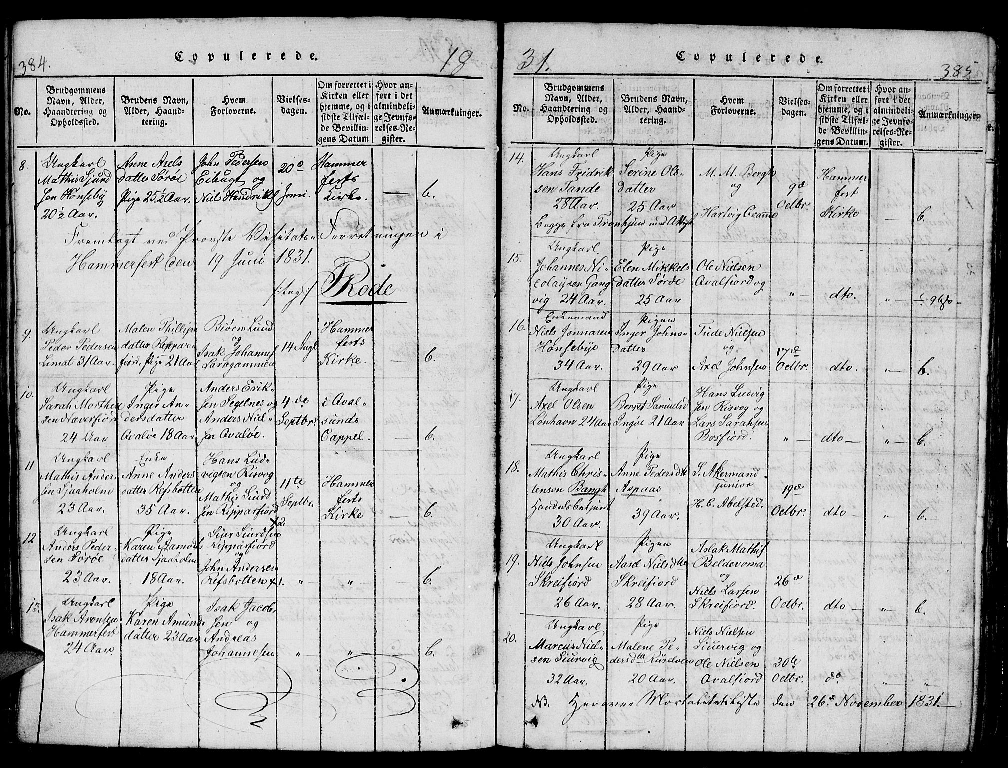 Hammerfest sokneprestkontor, AV/SATØ-S-1347/H/Hb/L0001.klokk: Parish register (copy) no. 1, 1822-1850, p. 384-385