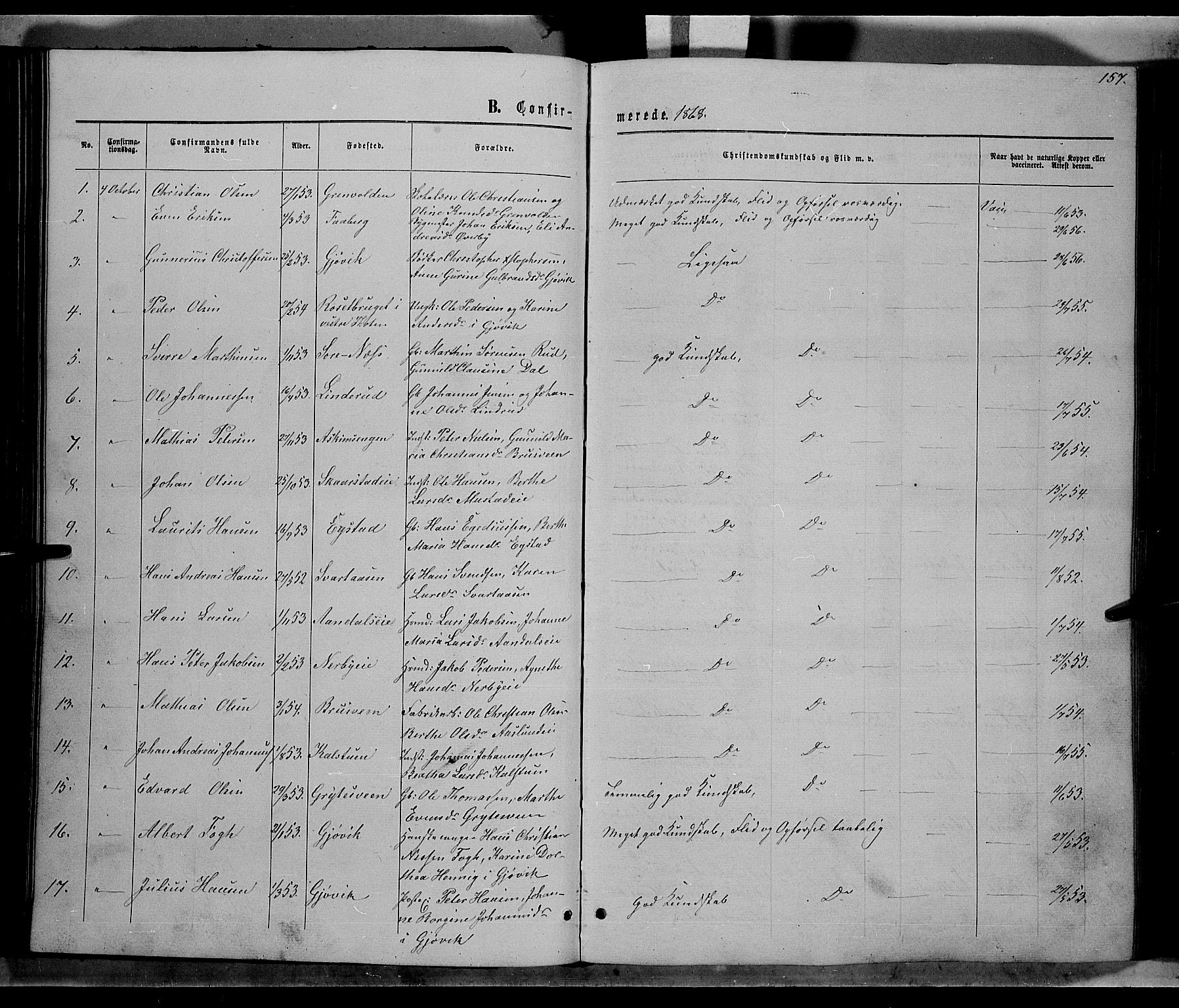 Vardal prestekontor, SAH/PREST-100/H/Ha/Hab/L0006: Parish register (copy) no. 6, 1869-1881, p. 157