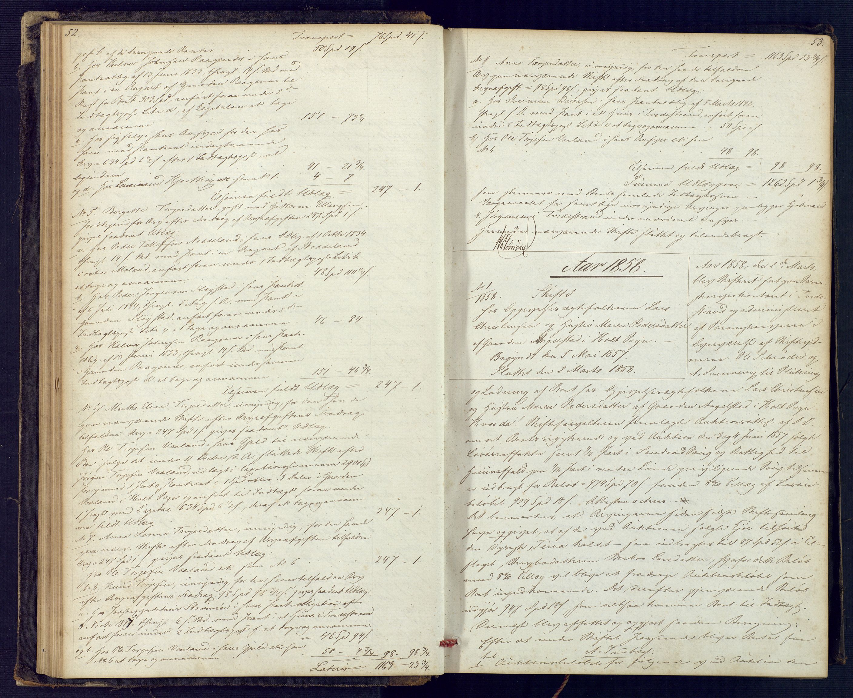 Holt sorenskriveri, SAK/1221-0002/H/Hc/L0029: Skifteutlodningsprotokoll nr. 4 med løst register, 1857-1862, p. 52-53