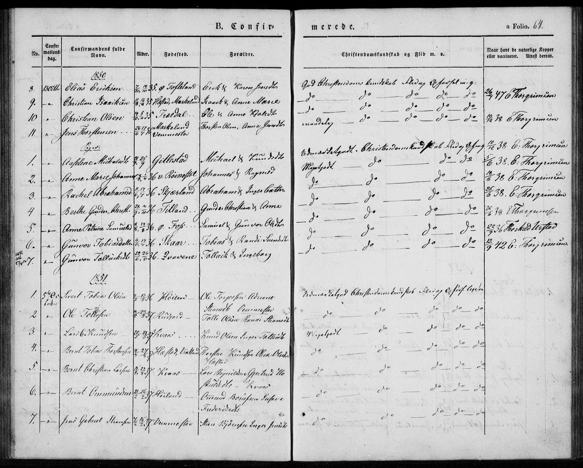 Lyngdal sokneprestkontor, AV/SAK-1111-0029/F/Fa/Fab/L0001: Parish register (official) no. A 1, 1838-1860, p. 64