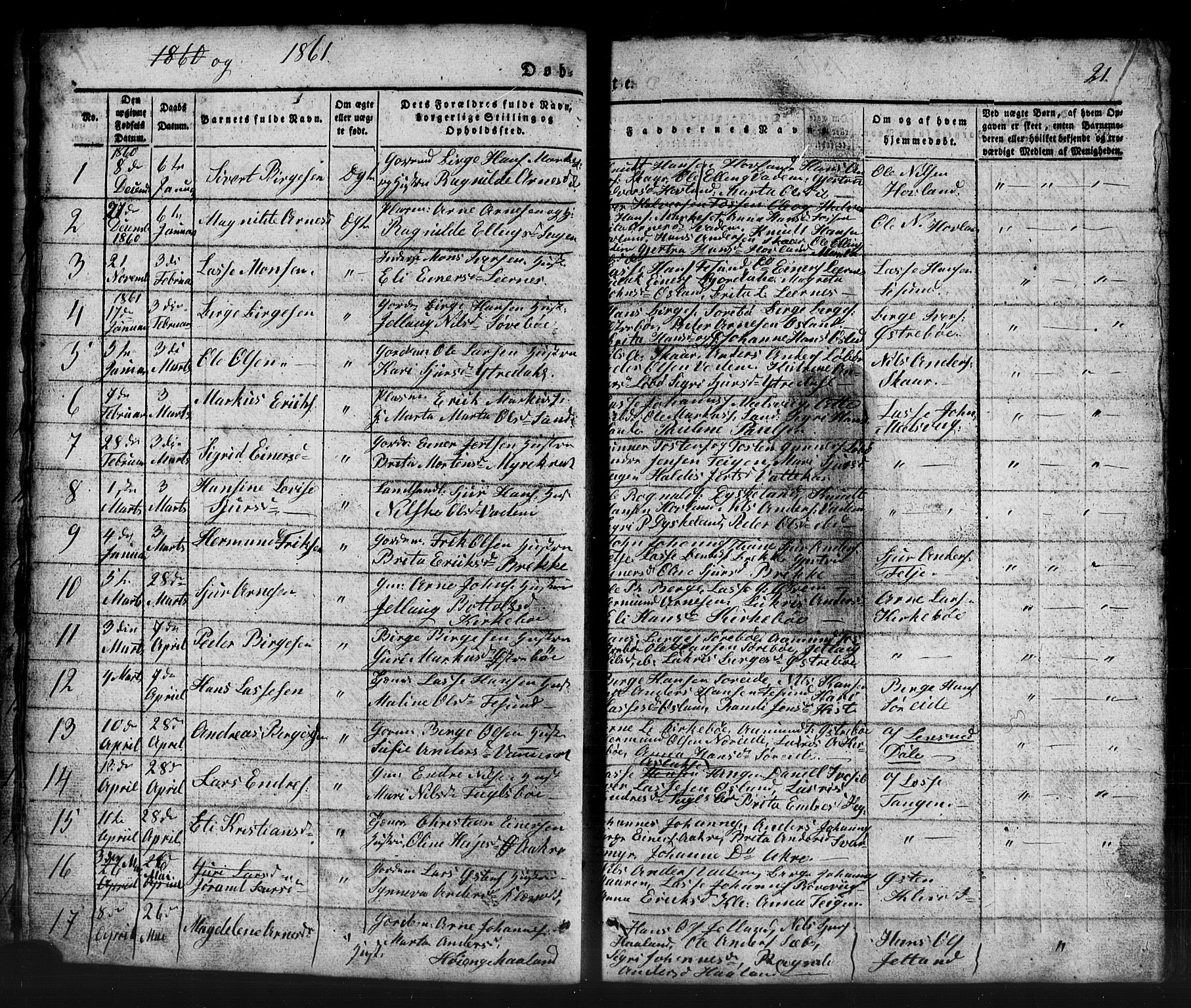 Lavik sokneprestembete, SAB/A-80901: Parish register (copy) no. B 1, 1854-1881, p. 21