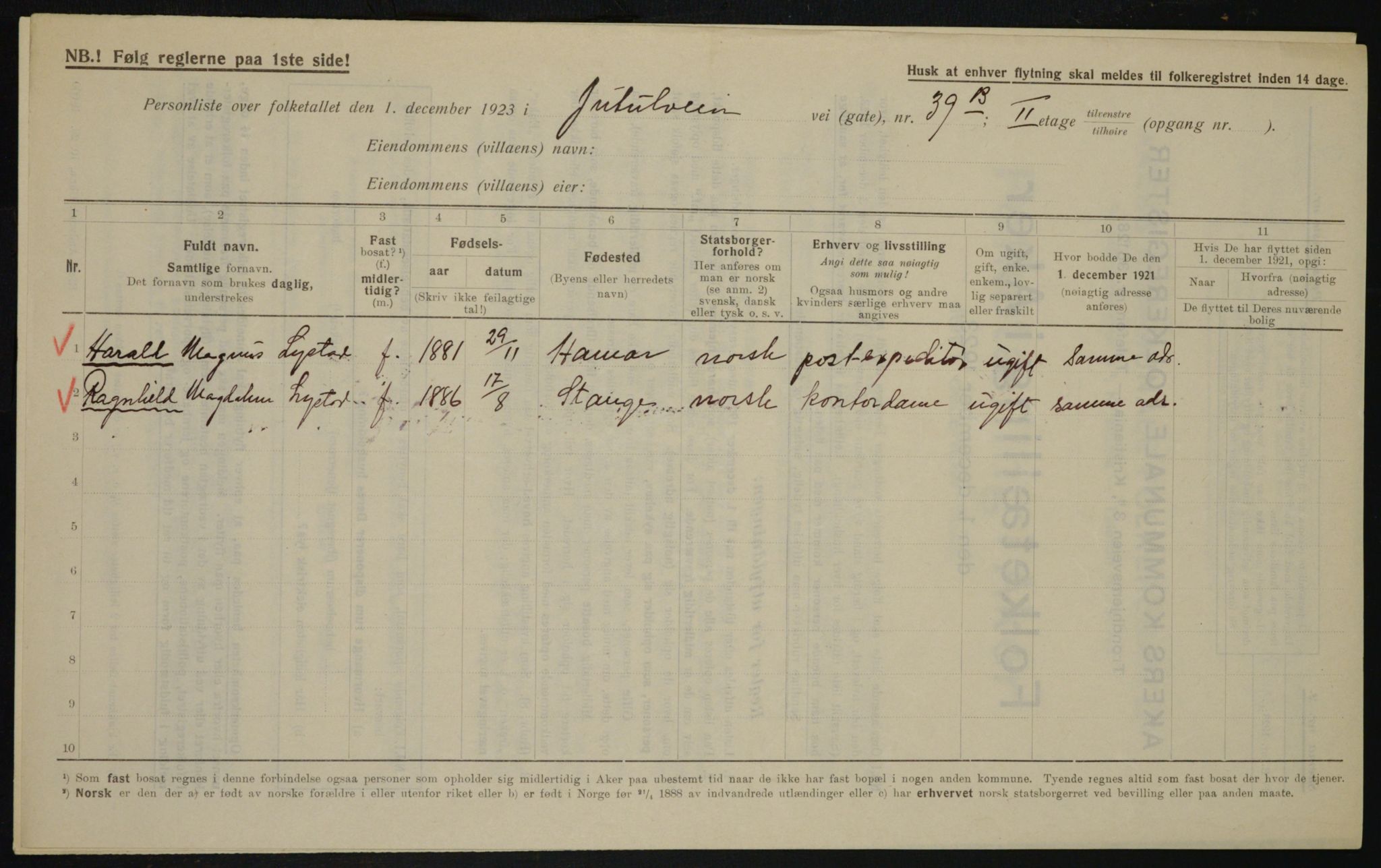 , Municipal Census 1923 for Aker, 1923, p. 21237