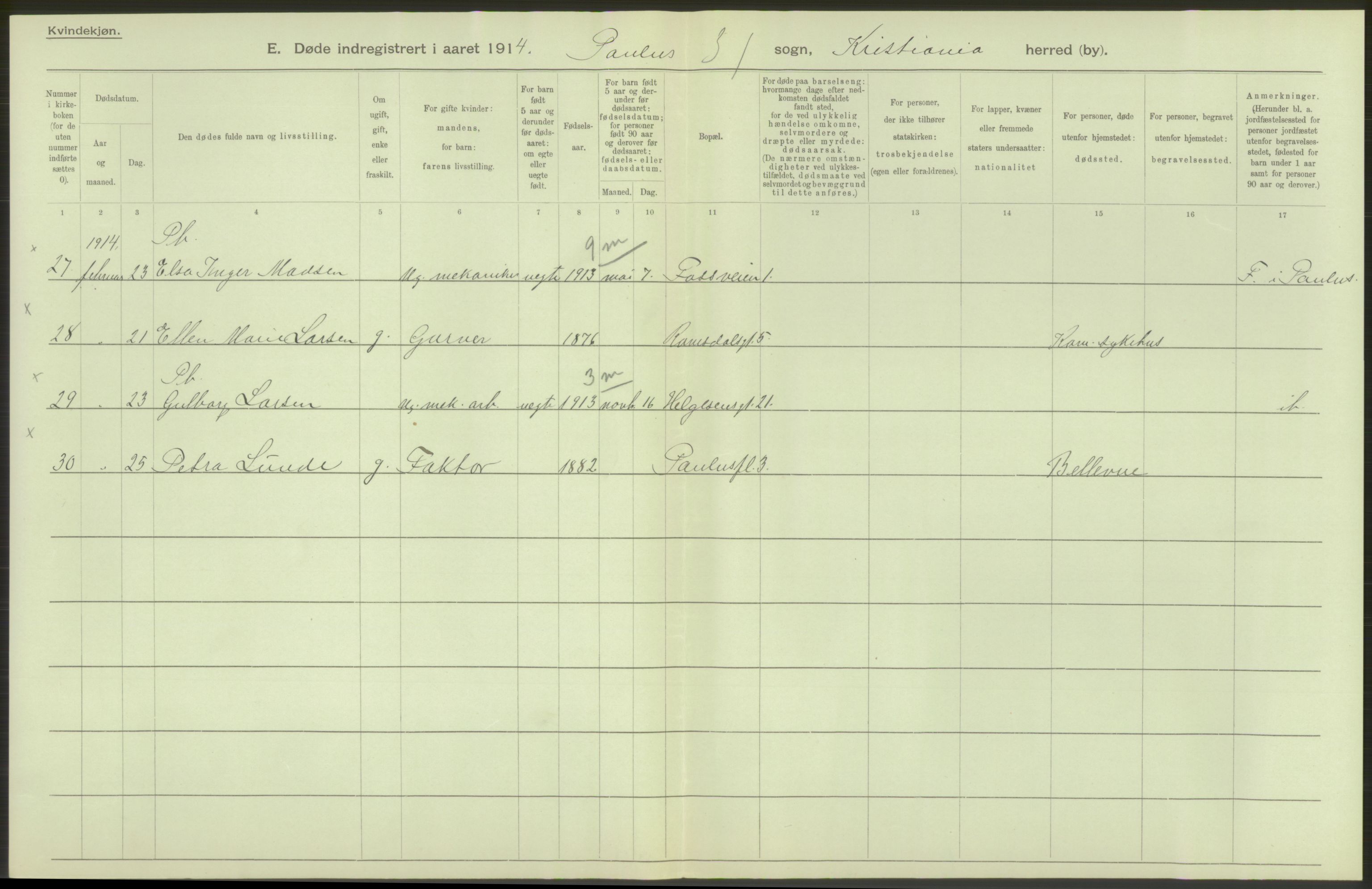 Statistisk sentralbyrå, Sosiodemografiske emner, Befolkning, AV/RA-S-2228/D/Df/Dfb/Dfbd/L0008: Kristiania: Døde, 1914, p. 308