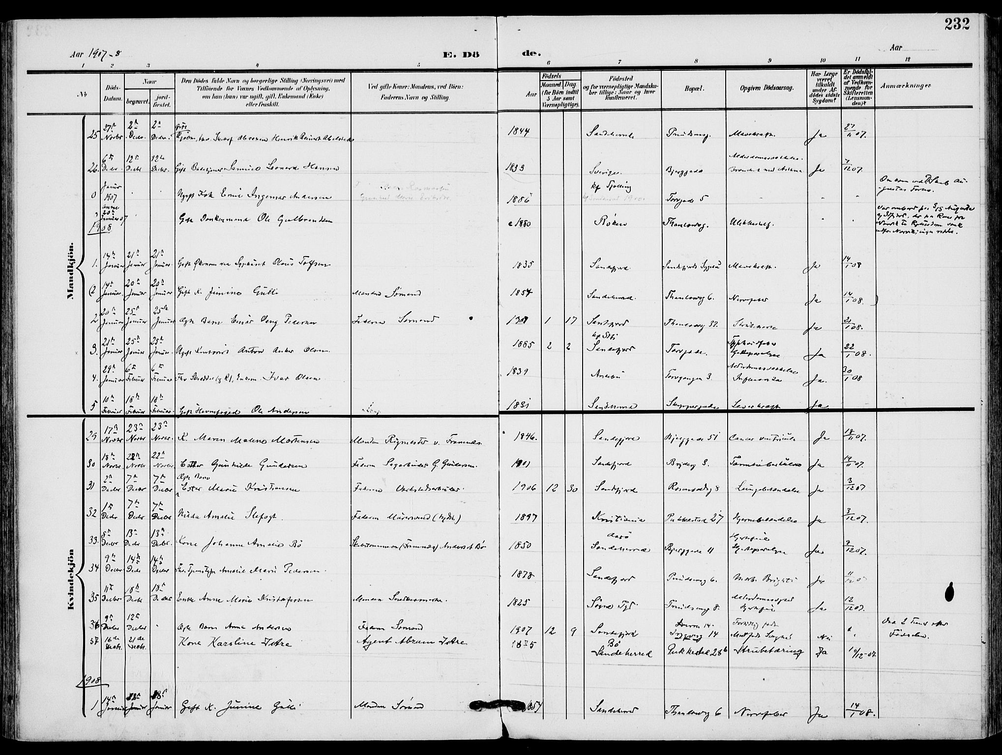 Sandefjord kirkebøker, SAKO/A-315/F/Fa/L0005: Parish register (official) no. 5, 1906-1915, p. 232