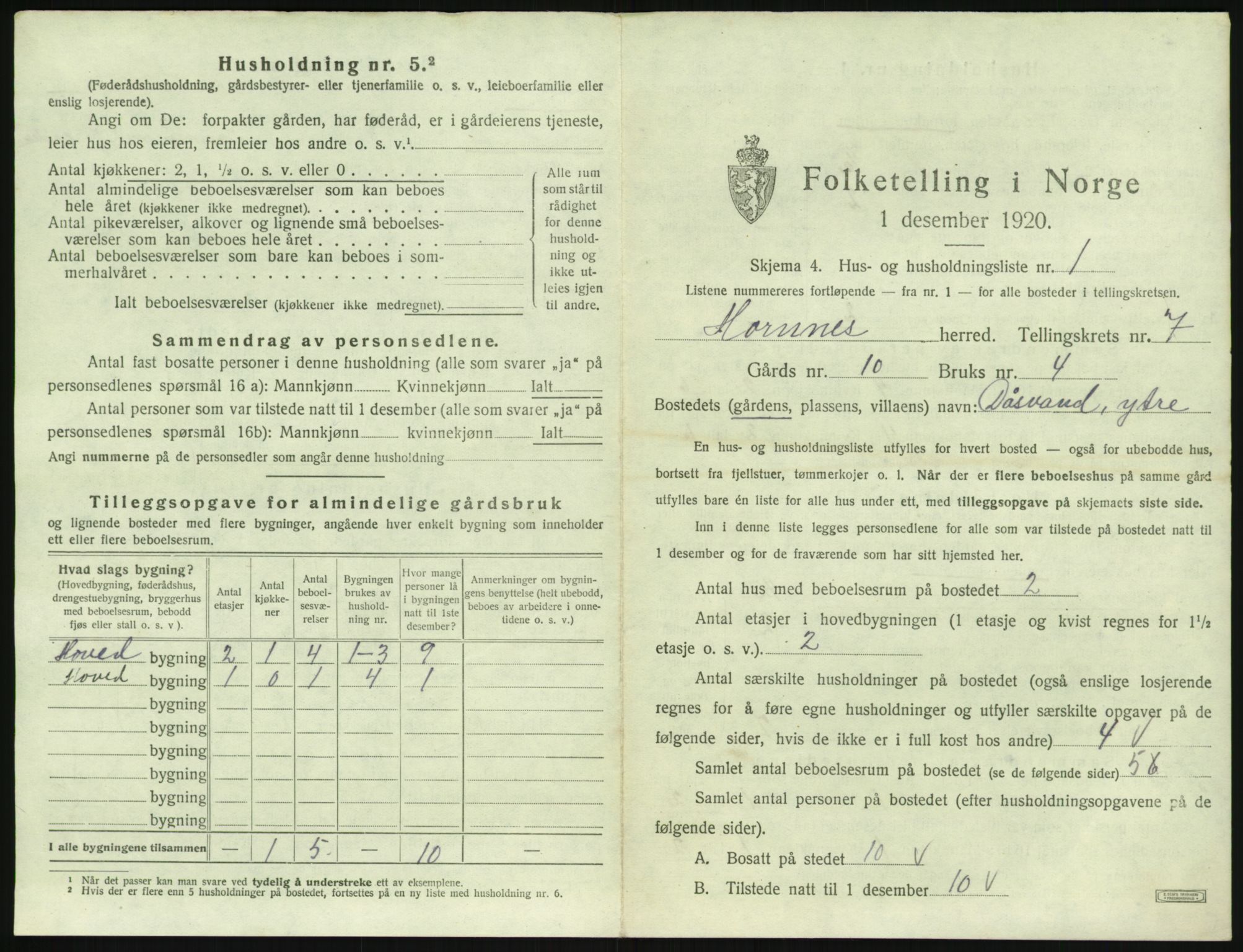 SAK, 1920 census for Hornnes, 1920, p. 263