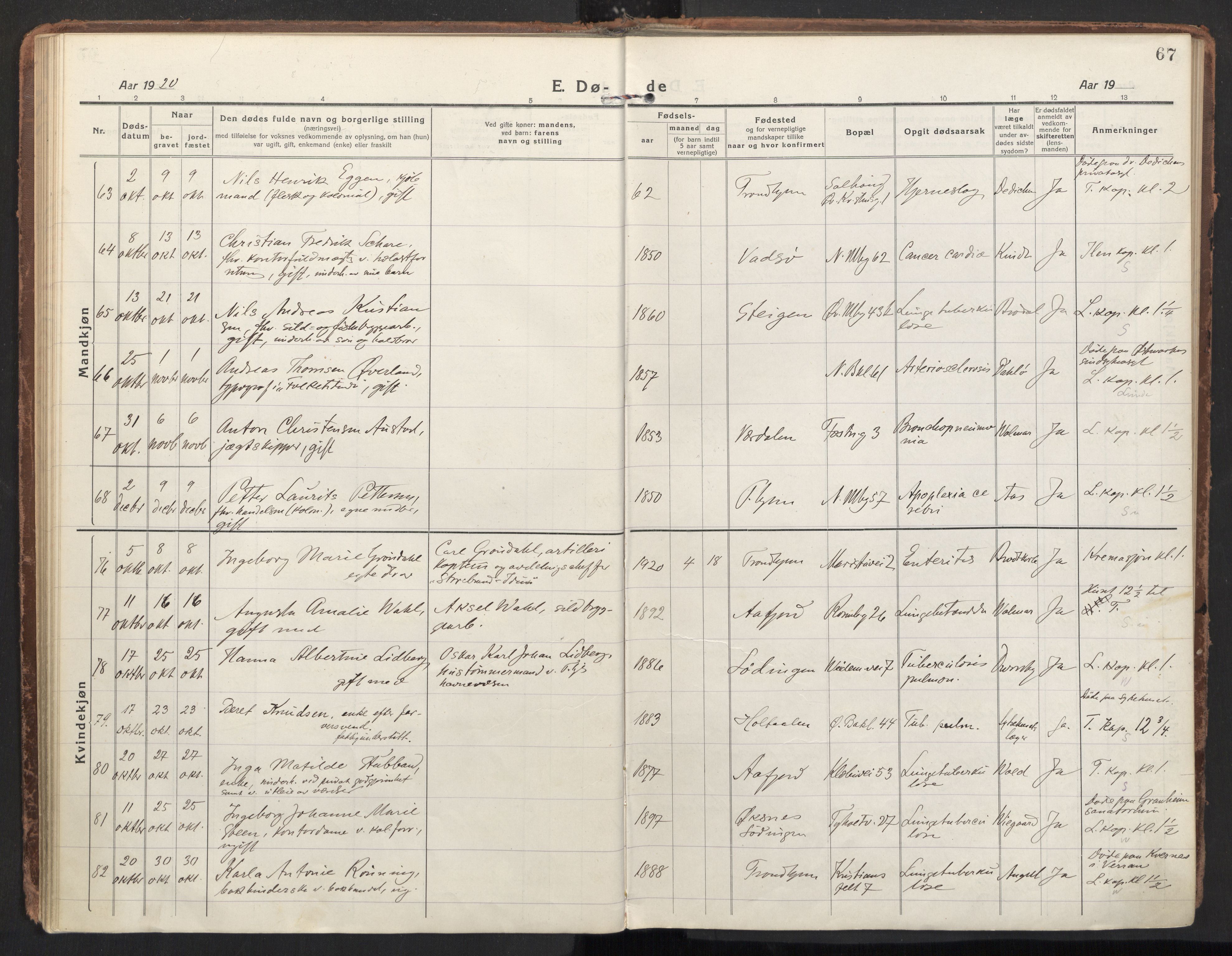 Ministerialprotokoller, klokkerbøker og fødselsregistre - Sør-Trøndelag, SAT/A-1456/604/L0207: Parish register (official) no. 604A27, 1917-1933, p. 67