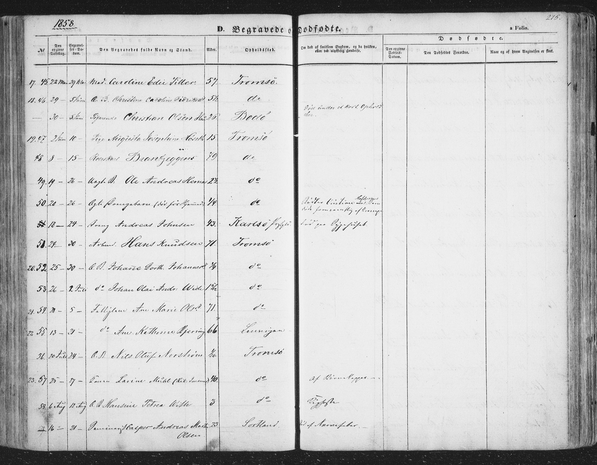 Tromsø sokneprestkontor/stiftsprosti/domprosti, AV/SATØ-S-1343/G/Ga/L0011kirke: Parish register (official) no. 11, 1856-1865, p. 215