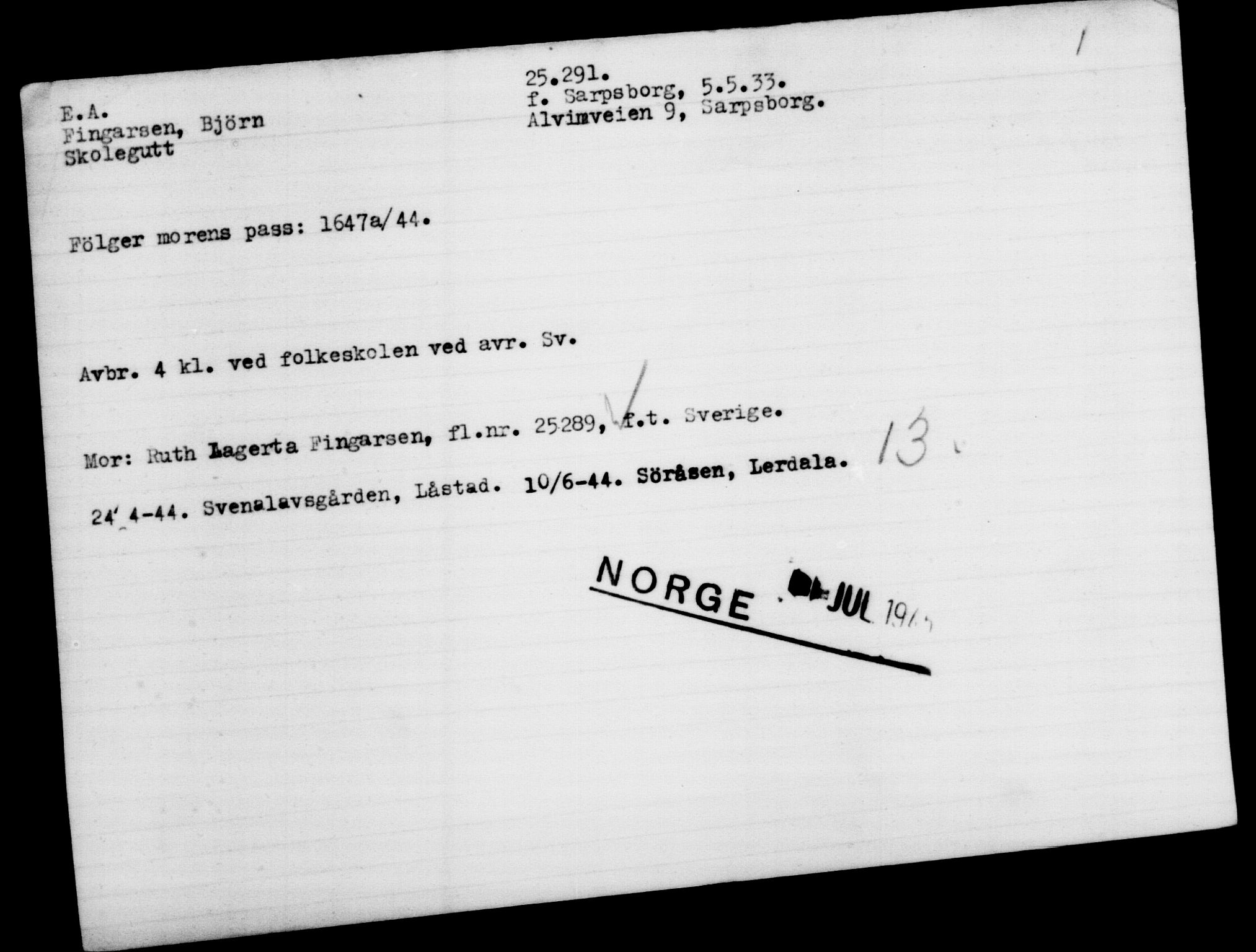 Den Kgl. Norske Legasjons Flyktningskontor, RA/S-6753/V/Va/L0010: Kjesäterkartoteket.  Flyktningenr. 22000-25314, 1940-1945, p. 3460