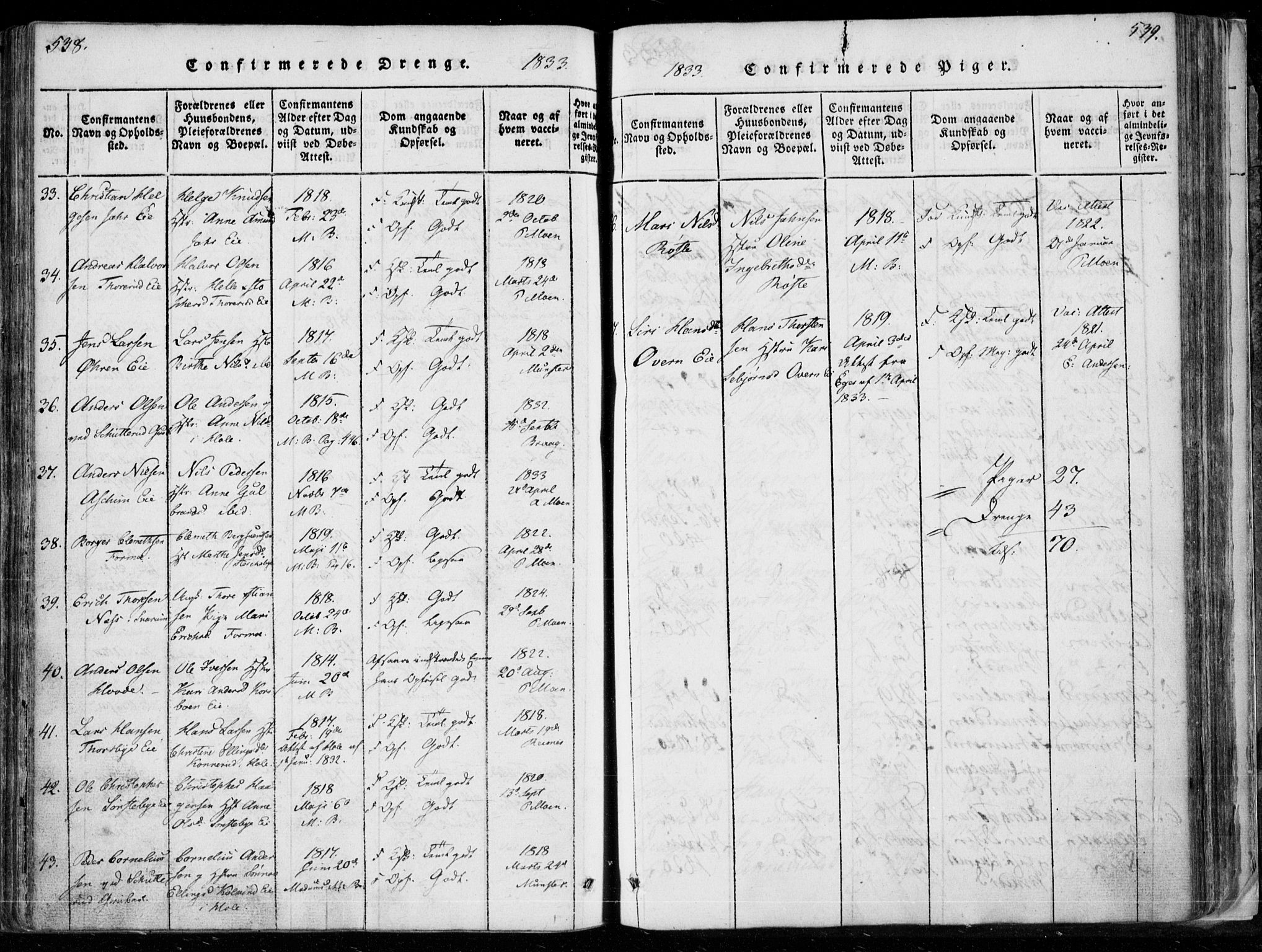 Modum kirkebøker, AV/SAKO-A-234/F/Fa/L0006: Parish register (official) no. 6, 1832-1841, p. 538-539