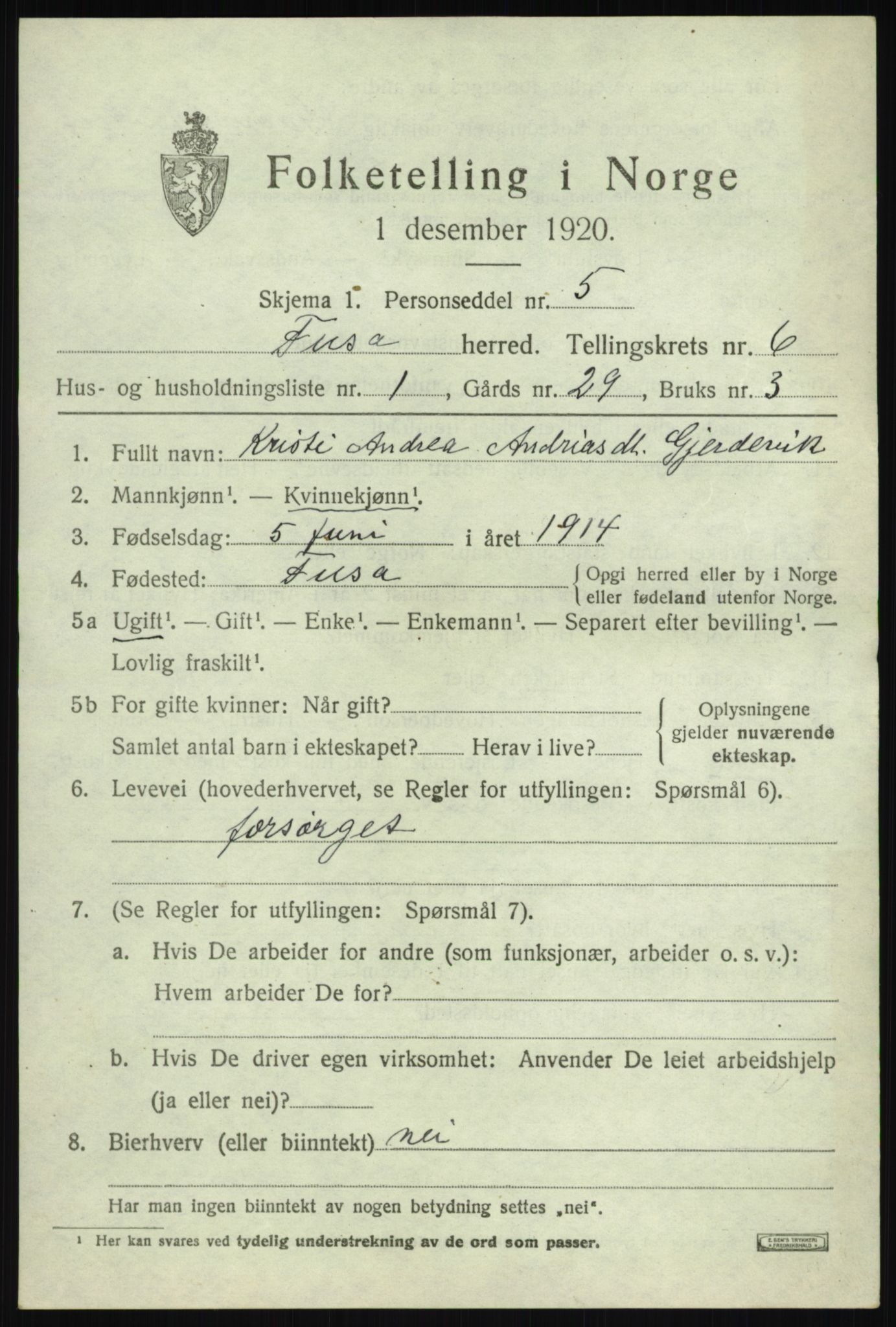 SAB, 1920 census for Fusa, 1920, p. 2467