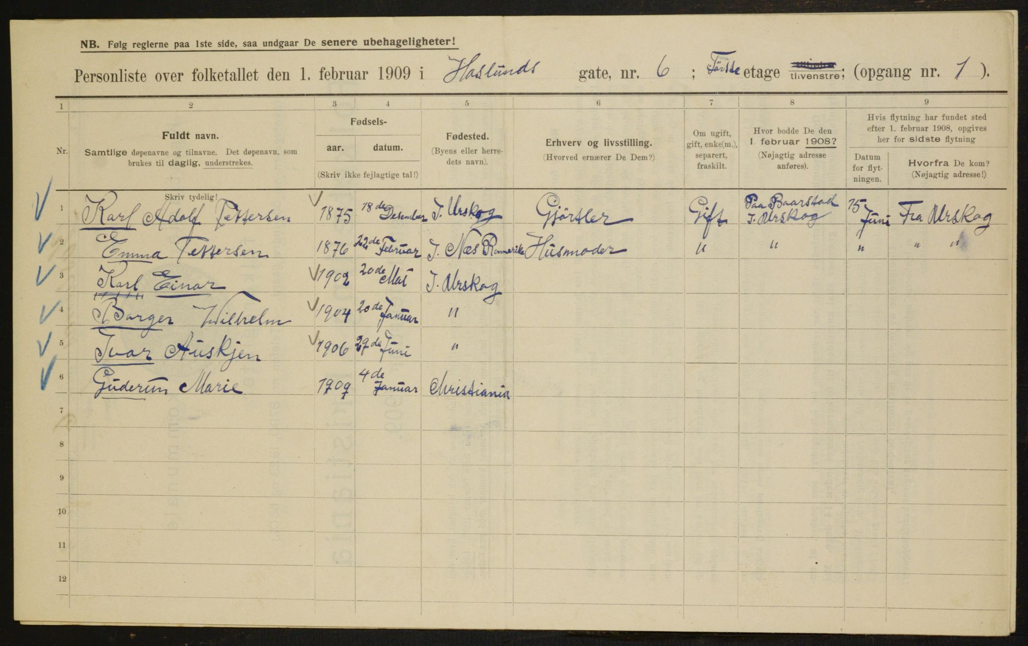 OBA, Municipal Census 1909 for Kristiania, 1909, p. 24310