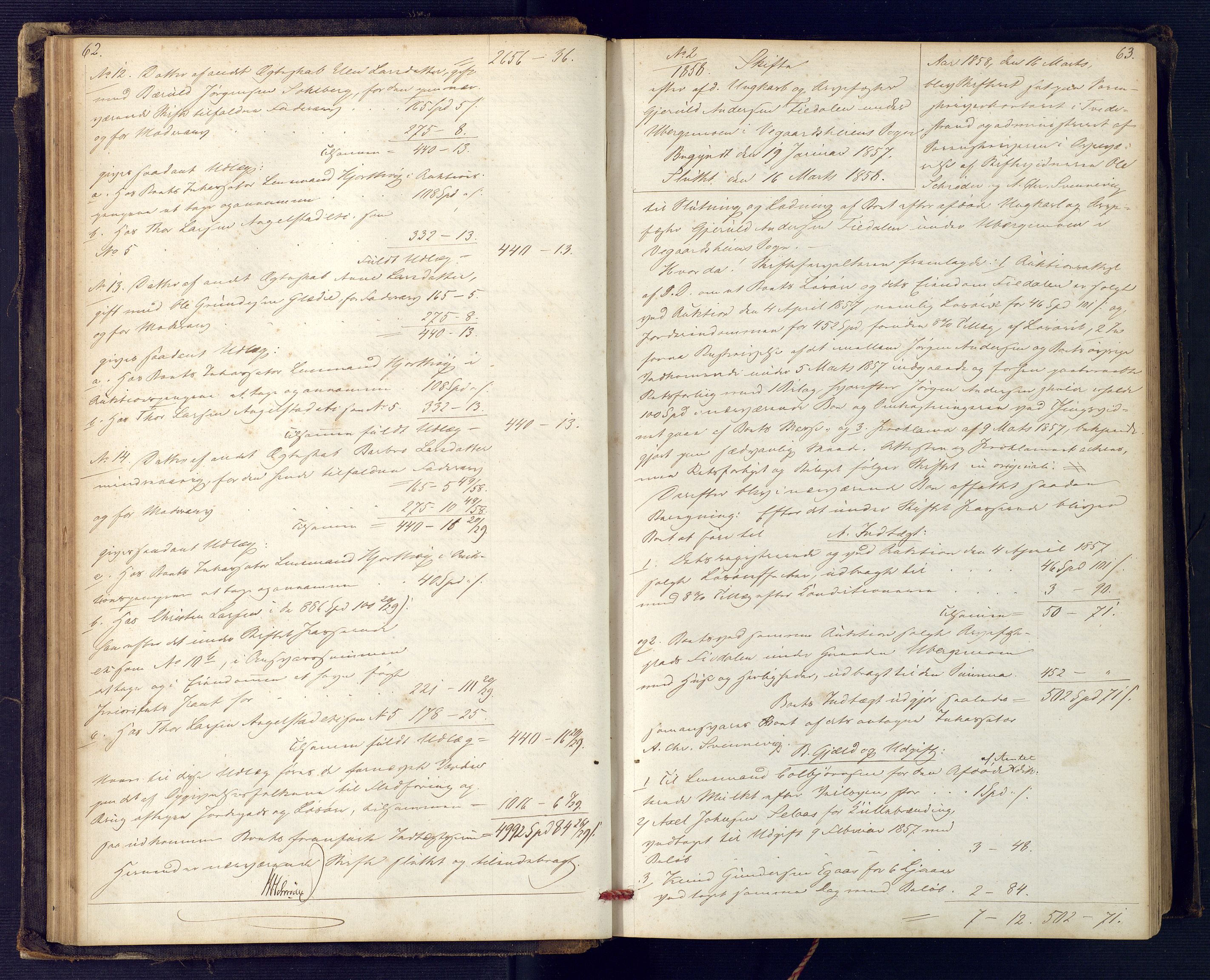 Holt sorenskriveri, SAK/1221-0002/H/Hc/L0029: Skifteutlodningsprotokoll nr. 4 med løst register, 1857-1862, p. 62-63