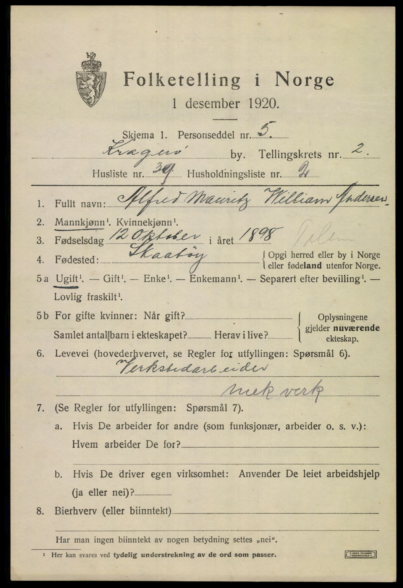 SAKO, 1920 census for Kragerø, 1920, p. 5823