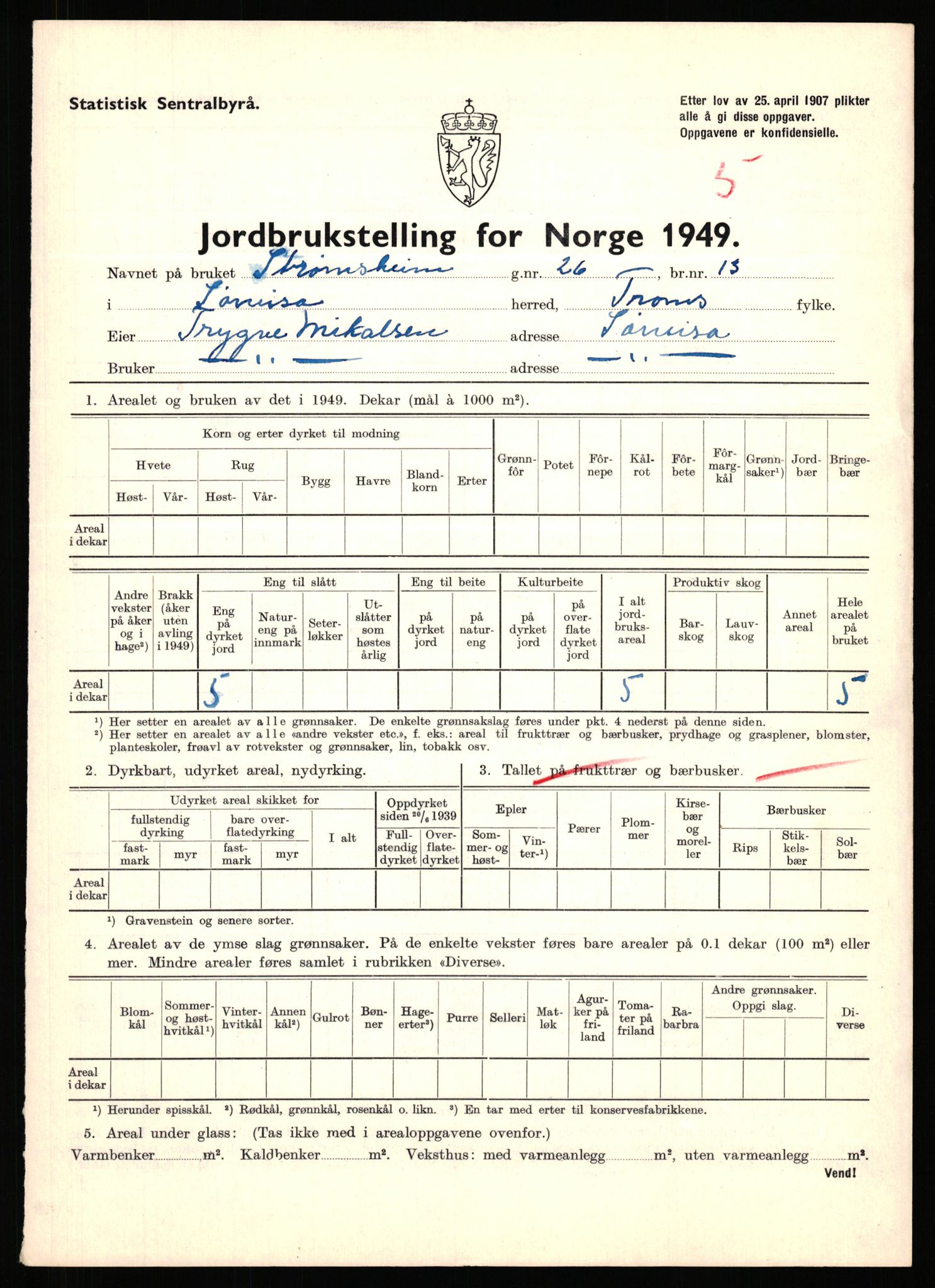 Statistisk sentralbyrå, Næringsøkonomiske emner, Jordbruk, skogbruk, jakt, fiske og fangst, AV/RA-S-2234/G/Gc/L0440: Troms: Sørreisa og Dyrøy, 1949, p. 105