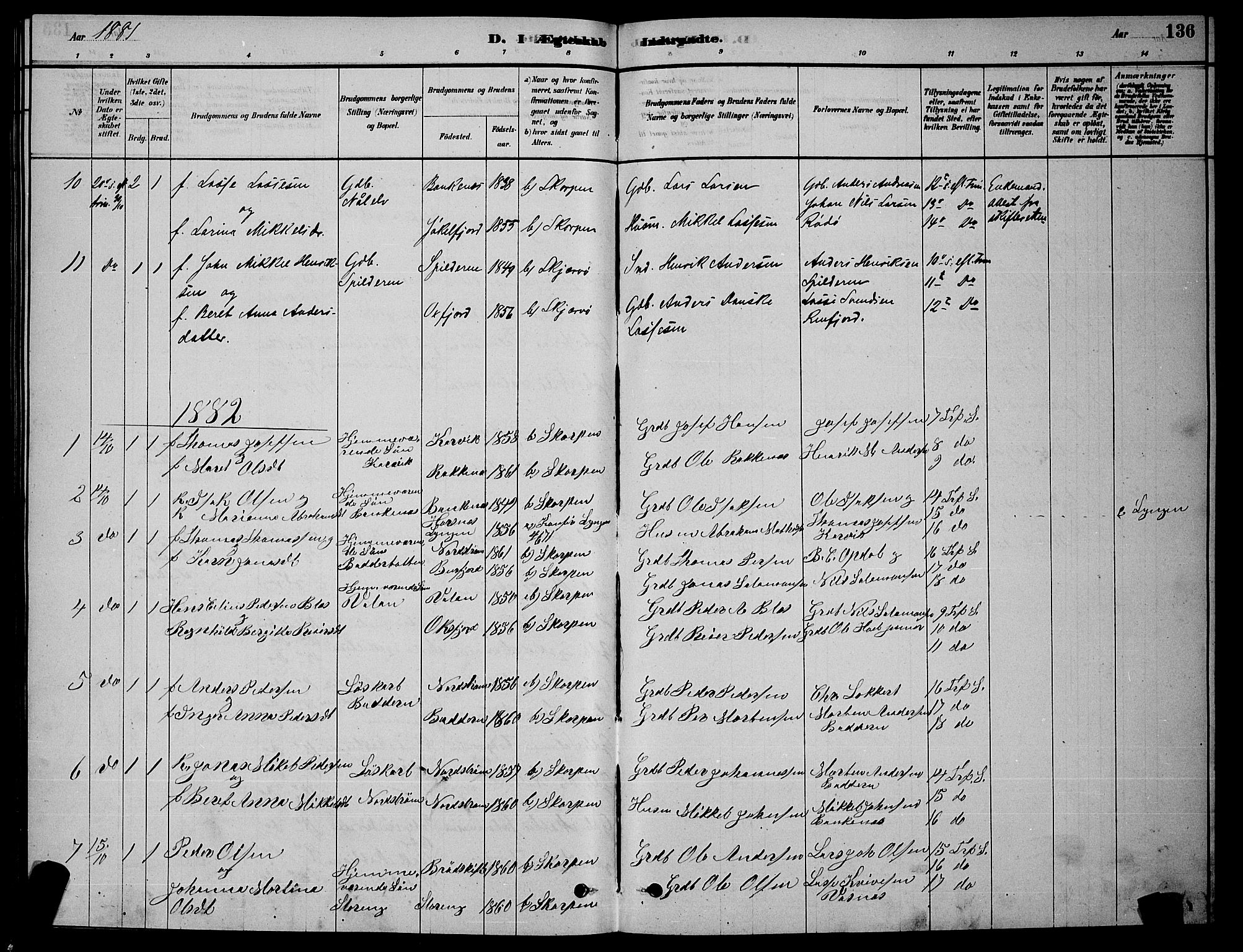 Skjervøy sokneprestkontor, SATØ/S-1300/H/Ha/Hab/L0015klokker: Parish register (copy) no. 15, 1878-1890, p. 136