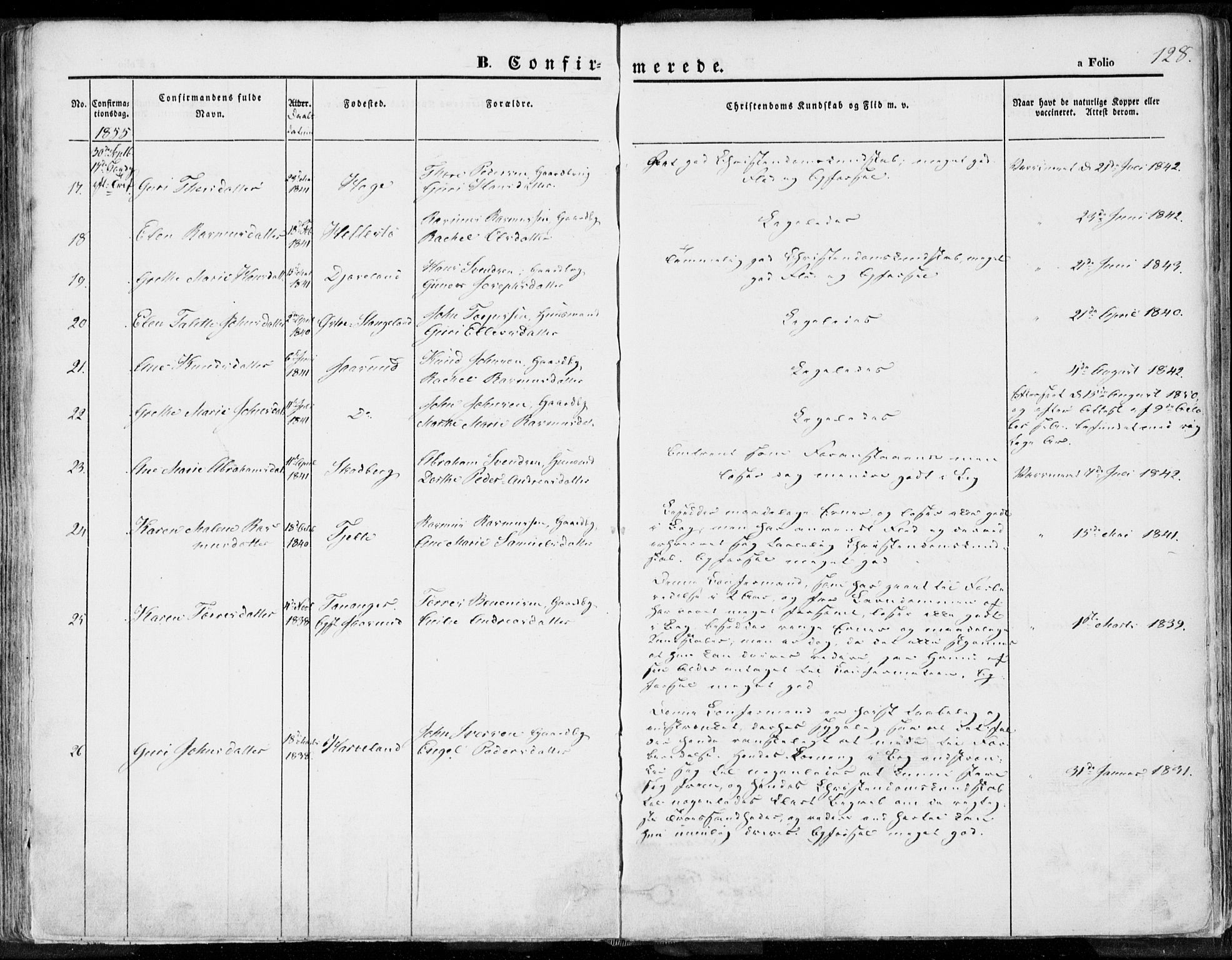 Håland sokneprestkontor, SAST/A-101802/001/30BA/L0007: Parish register (official) no. A 7.1, 1854-1870, p. 128