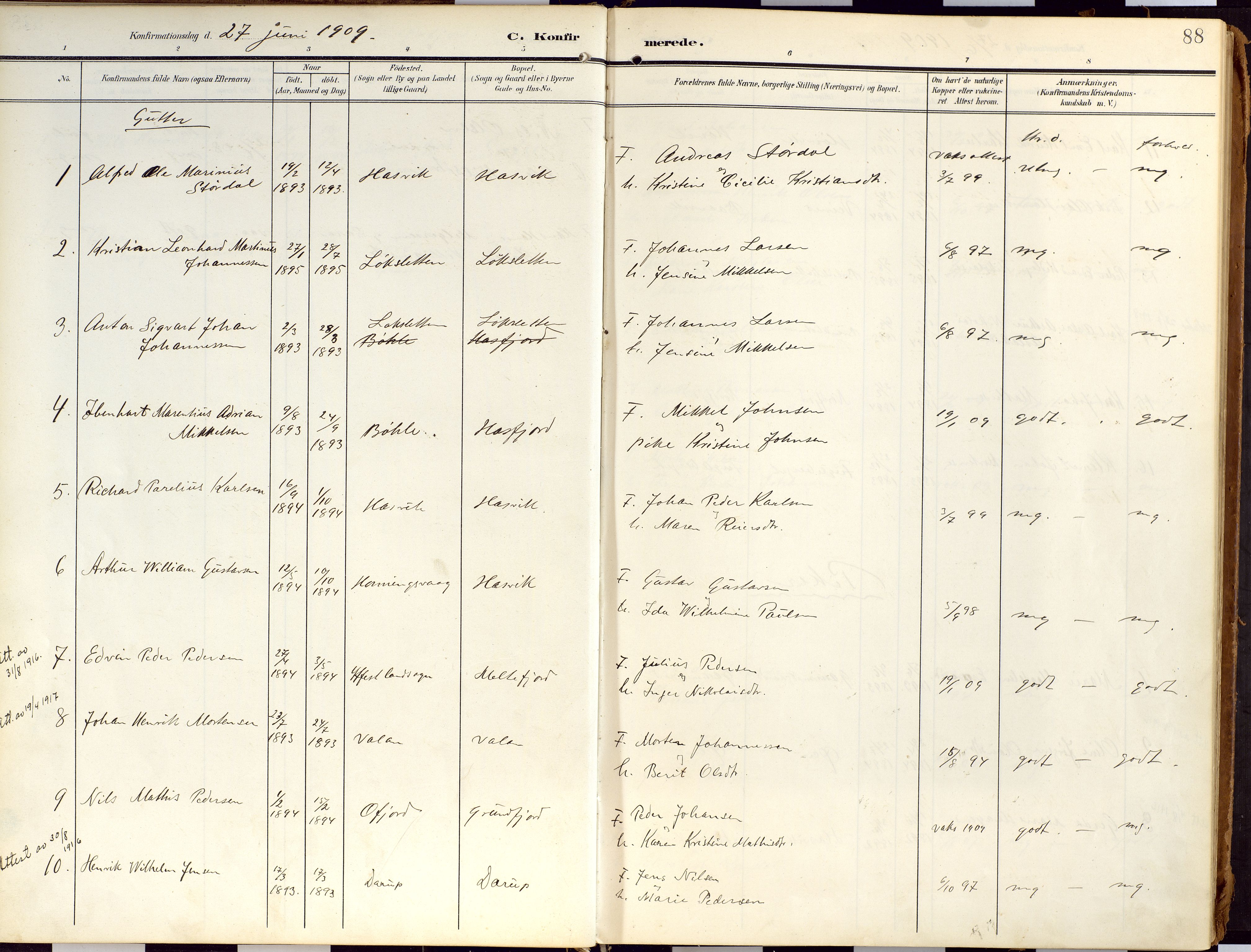 Loppa sokneprestkontor, SATØ/S-1339/H/Ha/L0010kirke: Parish register (official) no. 10, 1907-1922, p. 88