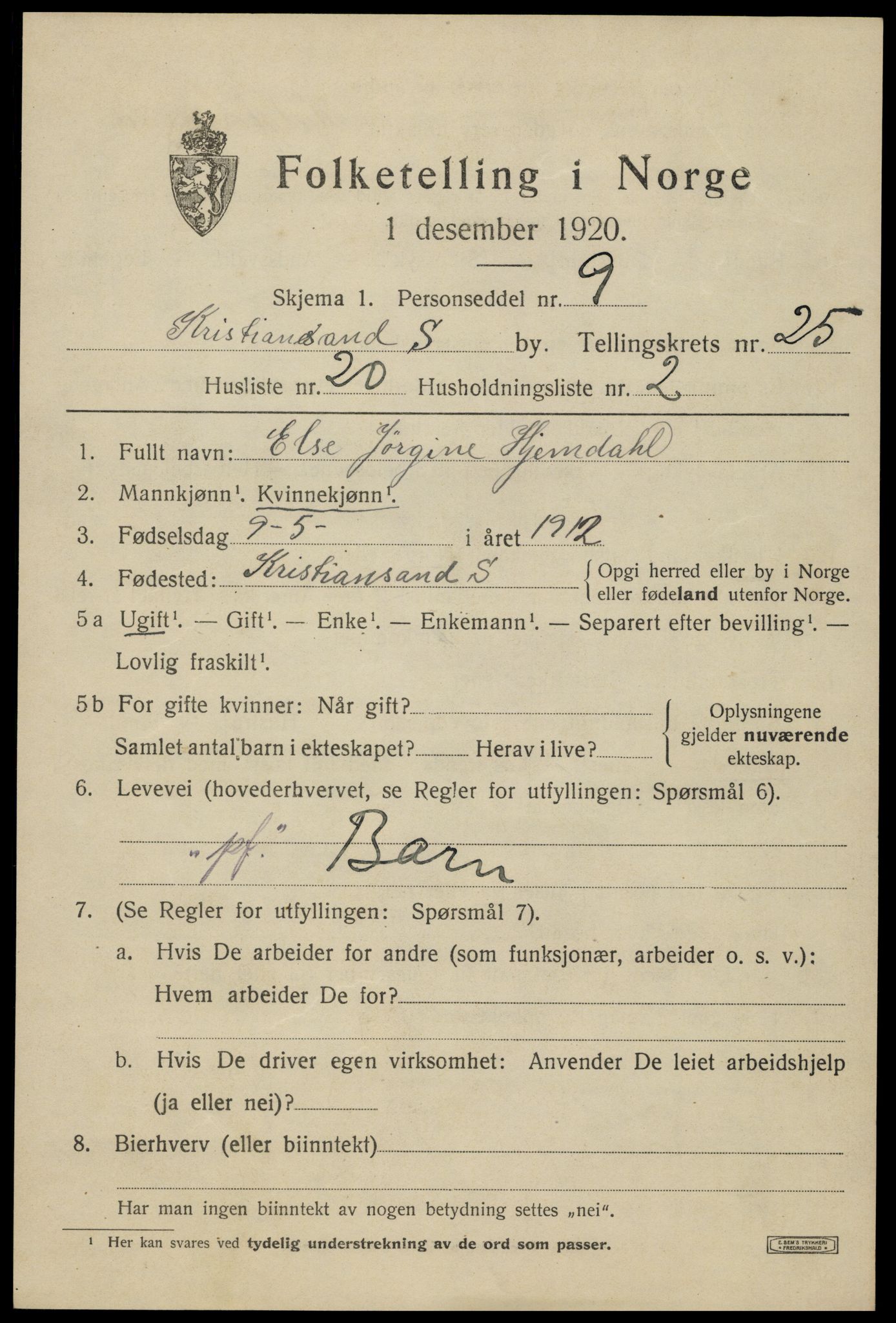 SAK, 1920 census for Kristiansand, 1920, p. 44009