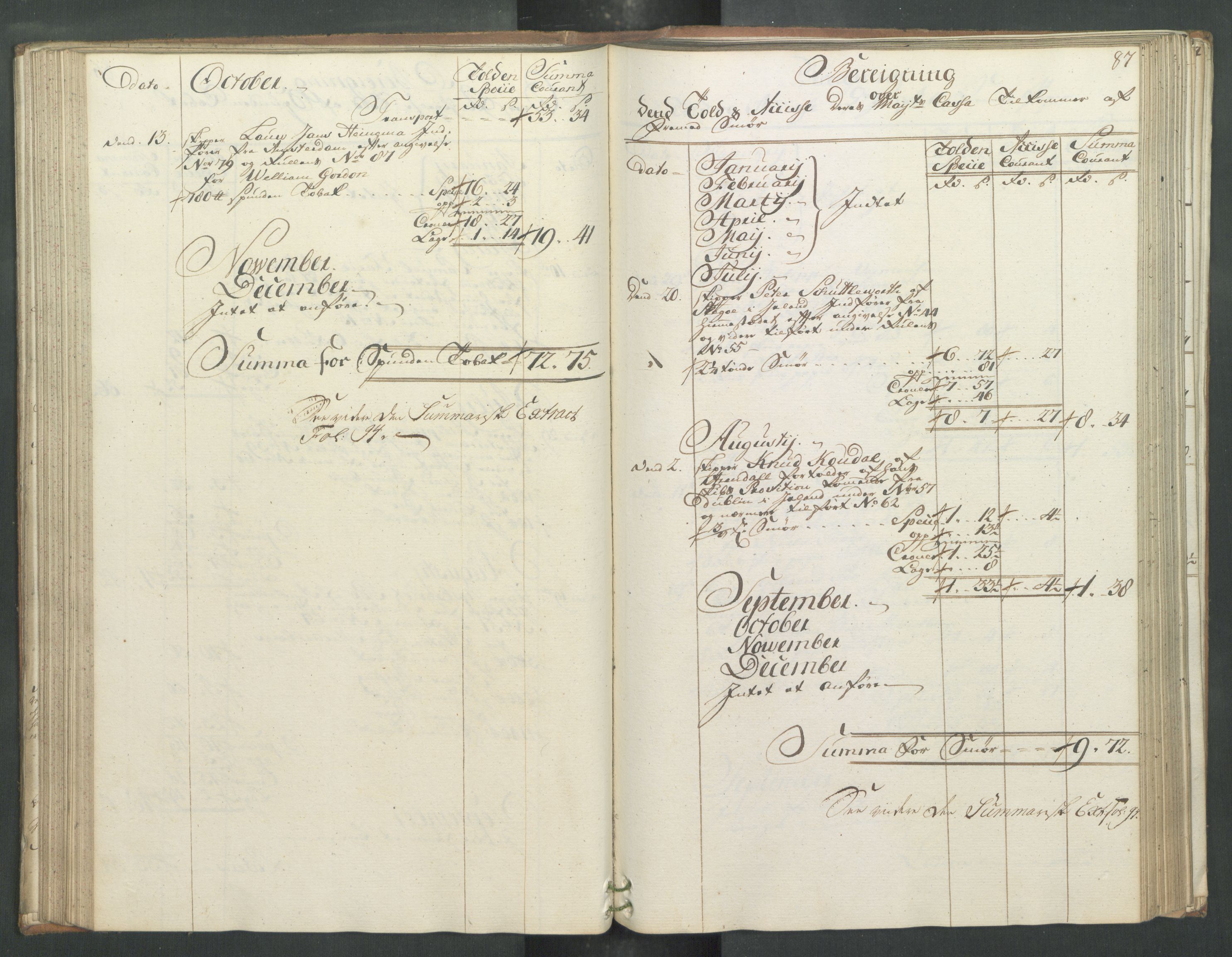 Generaltollkammeret, tollregnskaper, AV/RA-EA-5490/R32/L0019/0001: Tollregnskaper Kristiansund / Hovedtollbok, 1762, p. 86b-87a