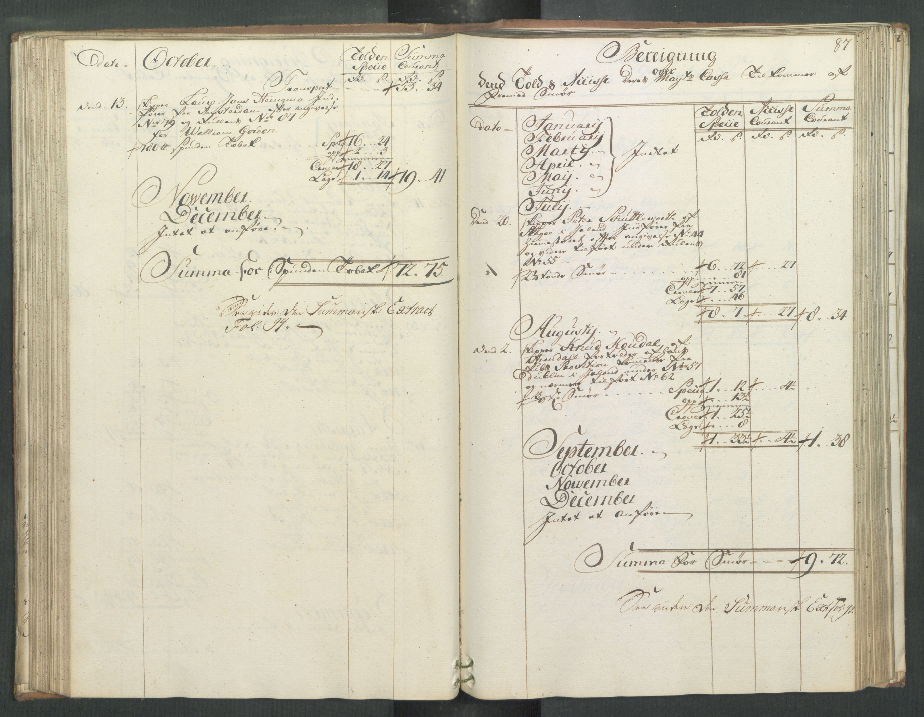 Generaltollkammeret, tollregnskaper, RA/EA-5490/R32/L0019/0001: Tollregnskaper Kristiansund / Hovedtollbok, 1762, p. 86b-87a