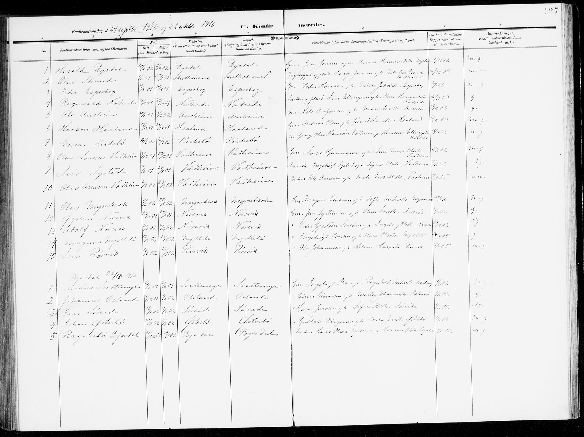 Lavik sokneprestembete, AV/SAB-A-80901: Parish register (official) no. C 2, 1904-1921, p. 127