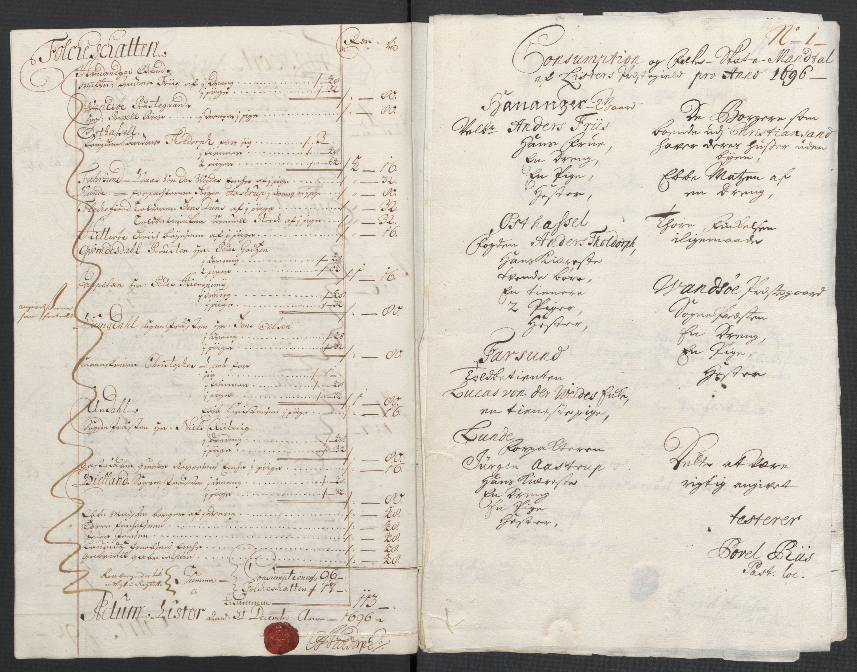 Rentekammeret inntil 1814, Reviderte regnskaper, Fogderegnskap, RA/EA-4092/R43/L2546: Fogderegnskap Lista og Mandal, 1696-1697, p. 67